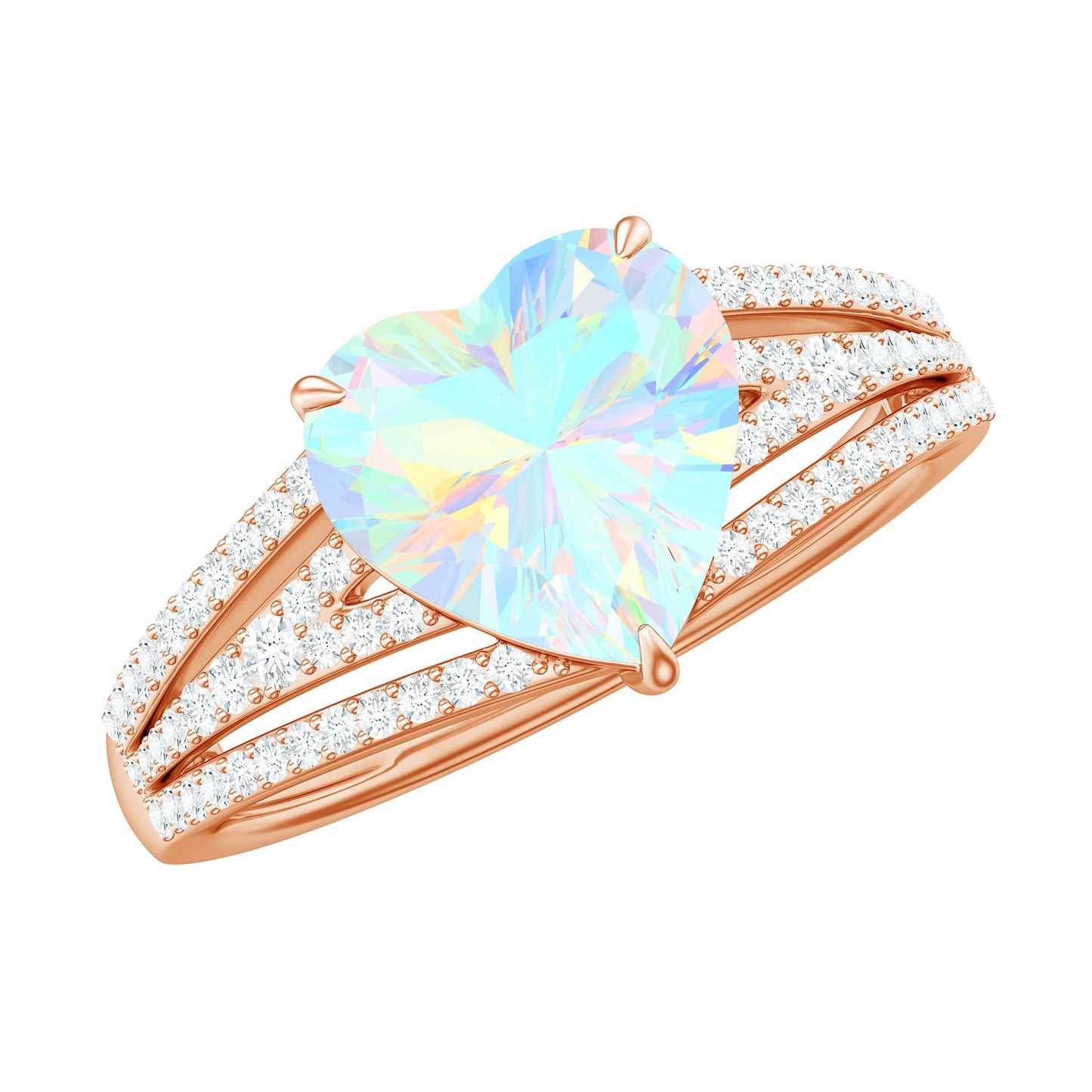 Designer Ethiopian Opal Heart Engagement Ring with Diamond Split Shank