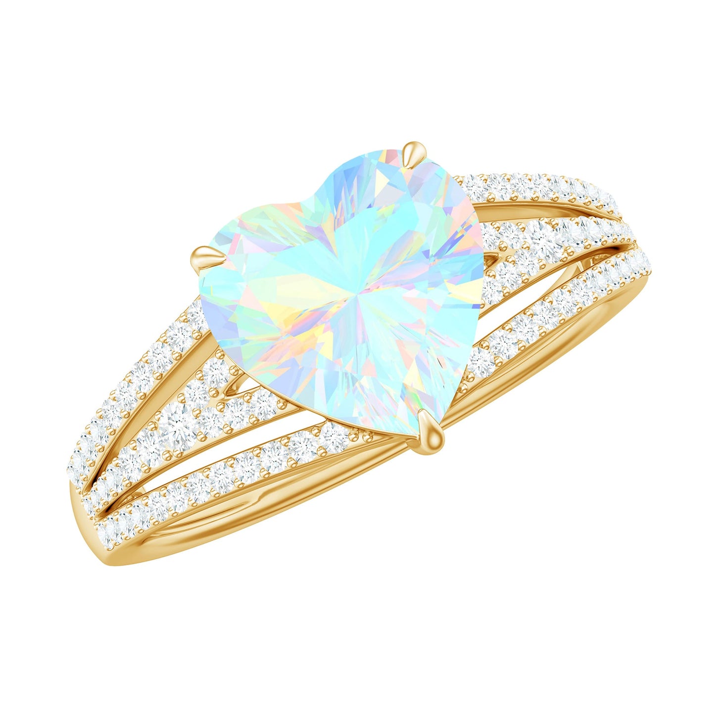 Designer Ethiopian Opal Heart Engagement Ring with Diamond Split Shank