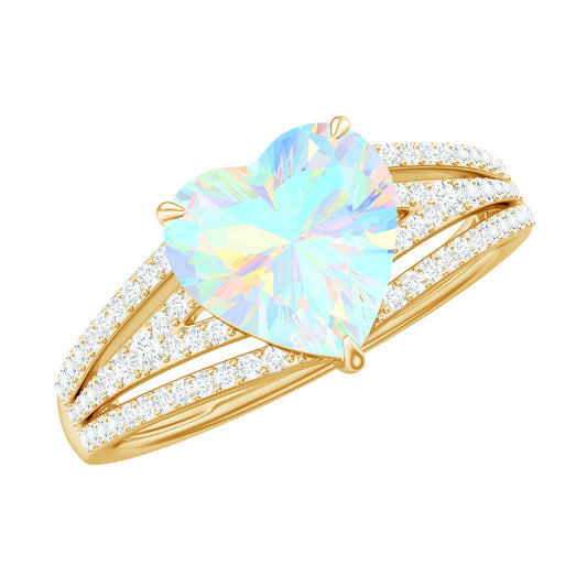 Designer Ethiopian Opal Heart Engagement Ring with Diamond Split Shank