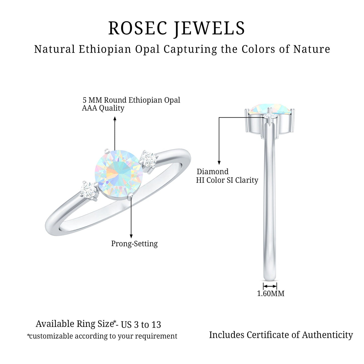 Natural Ethiopian Rainbow Opal Promise Ring with Diamond