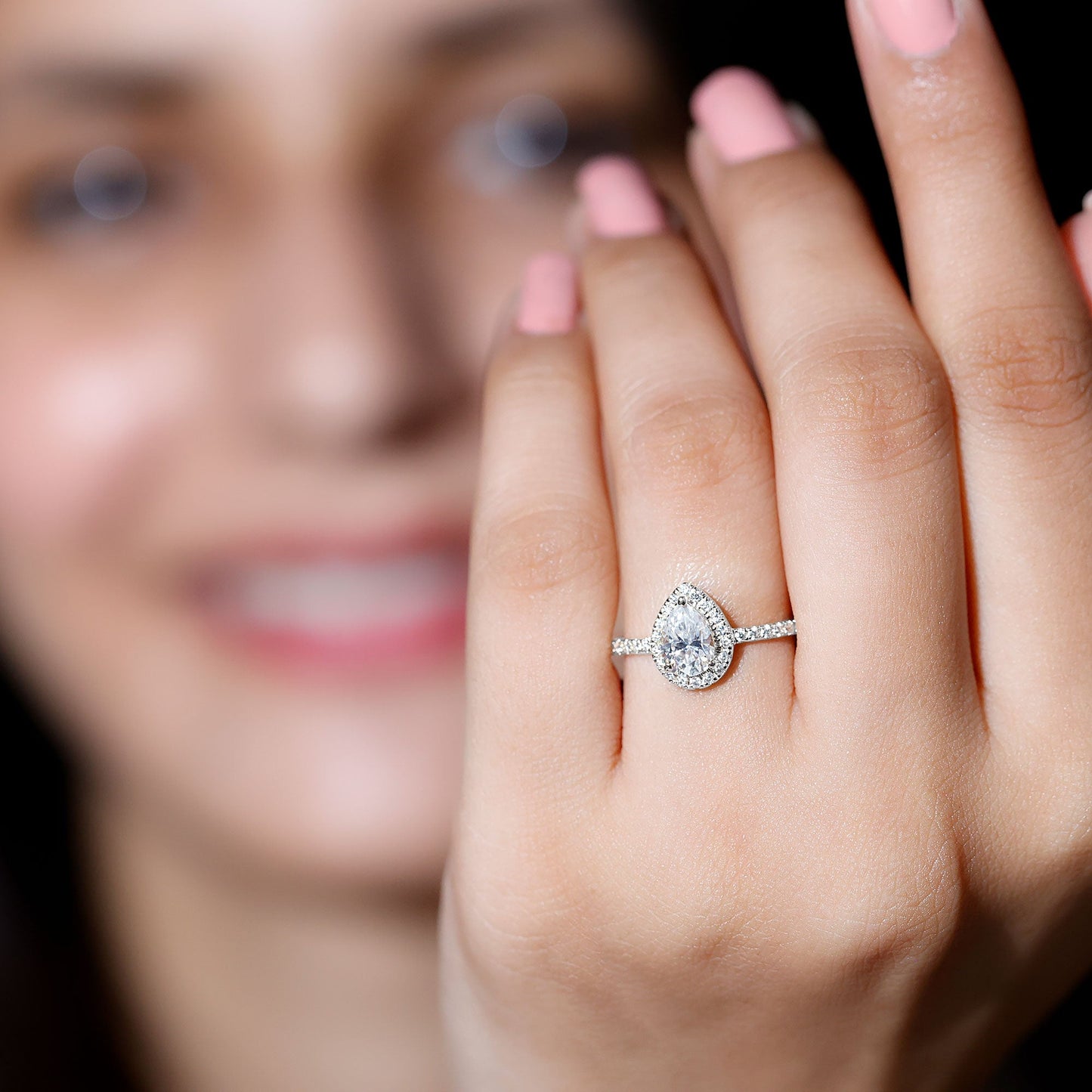 5X7 MM Pear Shaped Moissanite Halo Engagement Ring