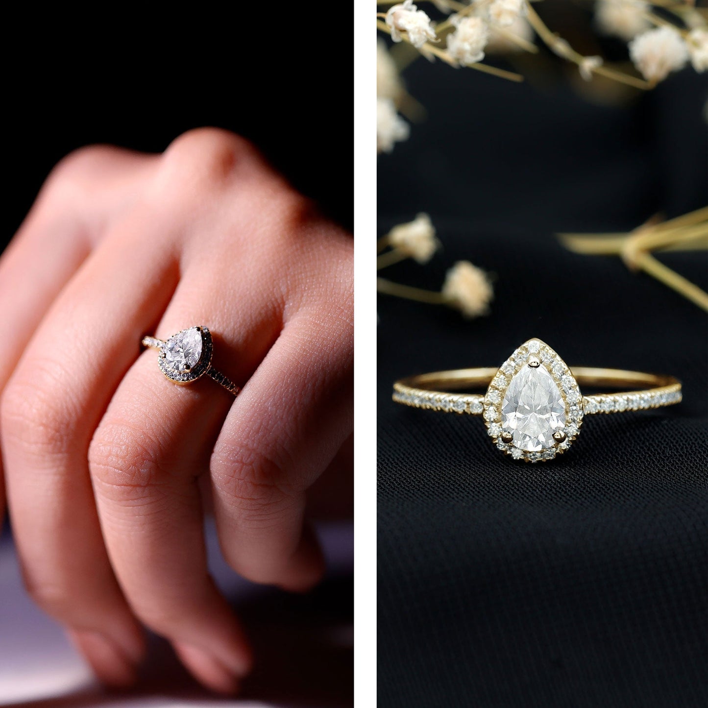 5X7 MM Pear Shaped Moissanite Halo Engagement Ring