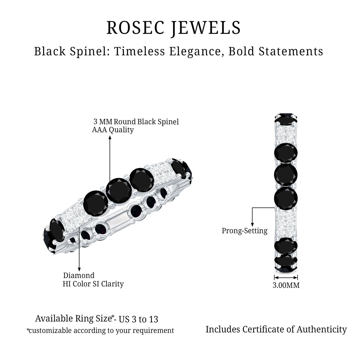 Real Black Spinel Diamond Eternity Ring for Anniversary