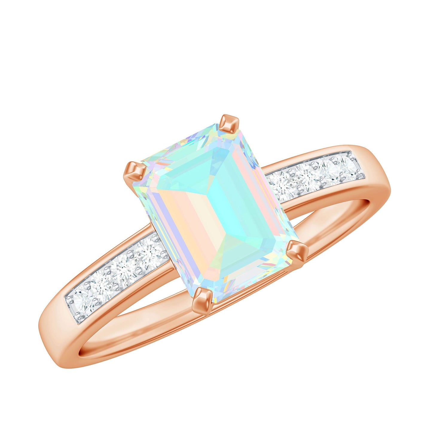 Genuine 6X8mm Ethiopian Opal Emerald Cut Engagement Ring with Diamond