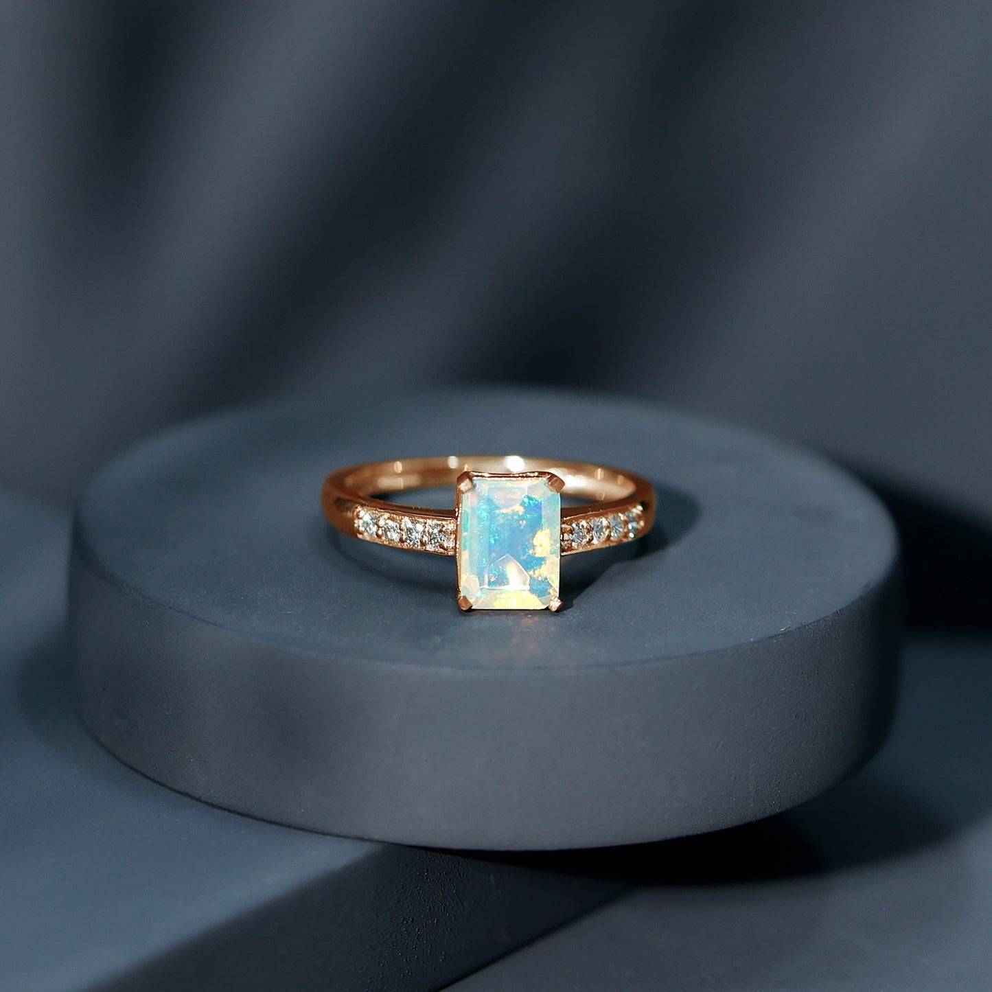 Genuine 6X8mm Ethiopian Opal Emerald Cut Engagement Ring with Diamond