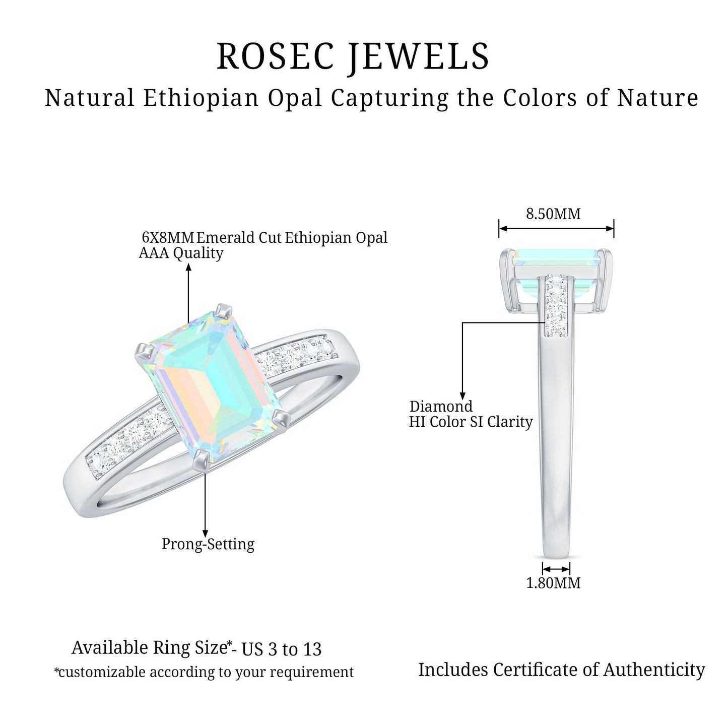 Genuine 6X8mm Ethiopian Opal Emerald Cut Engagement Ring with Diamond