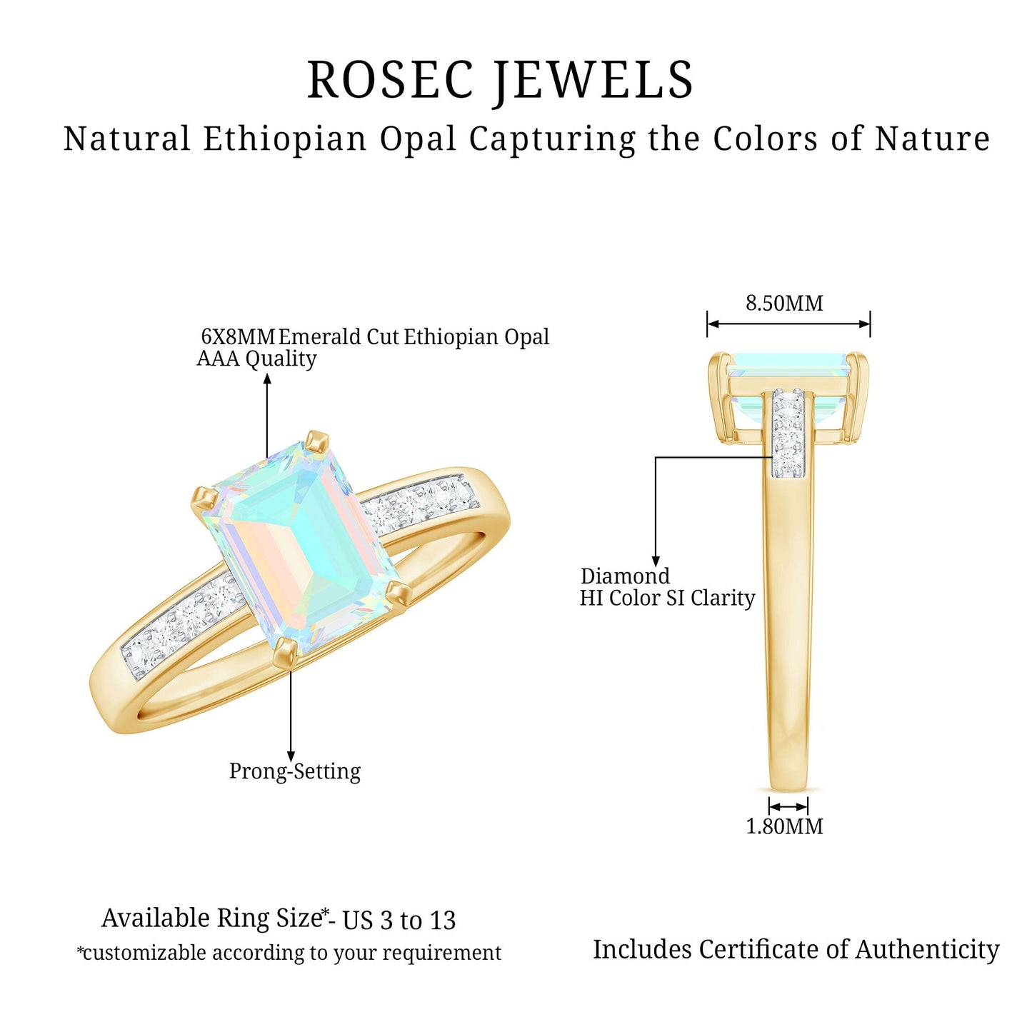 Genuine 6X8mm Ethiopian Opal Emerald Cut Engagement Ring with Diamond