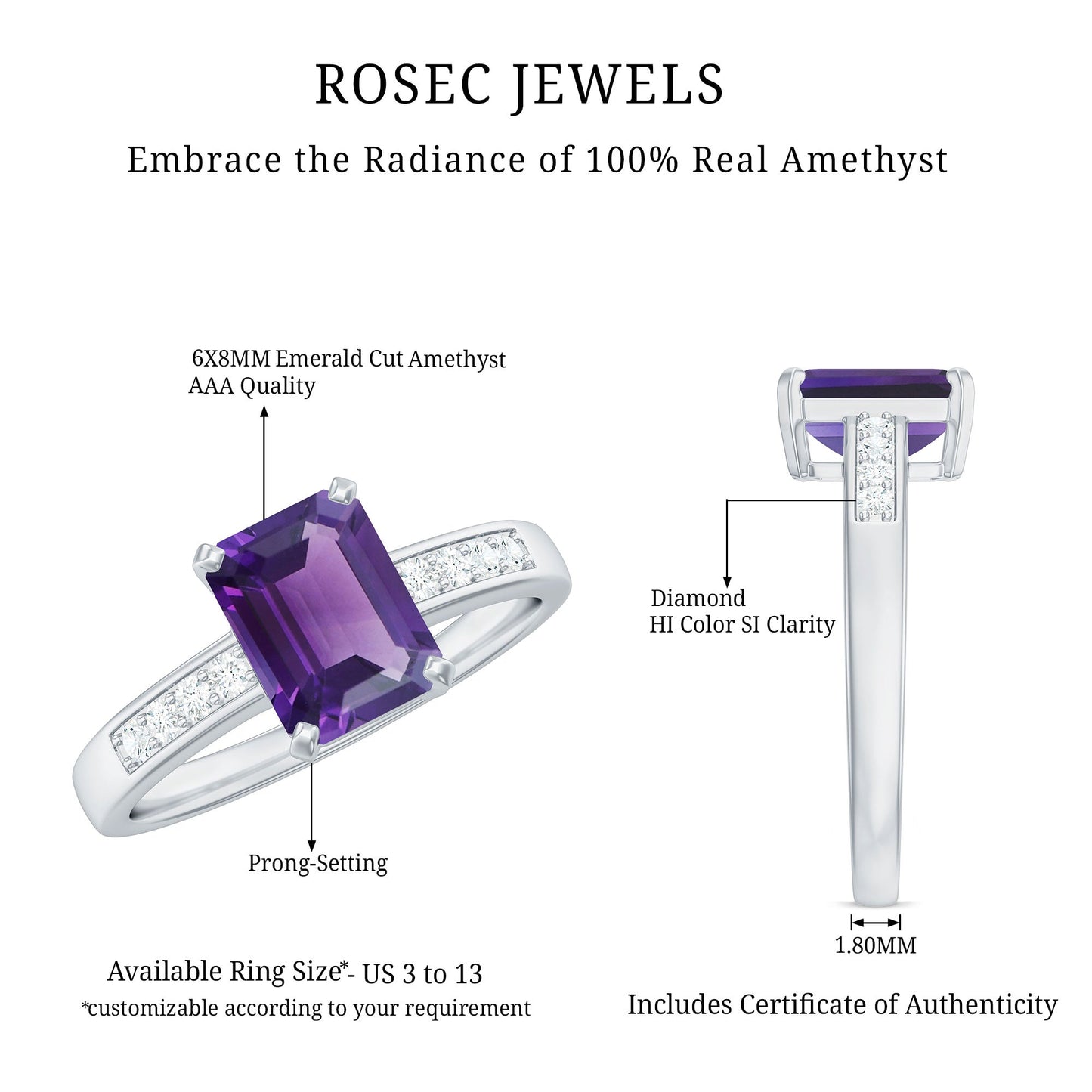 Octagon Cut Amethyst Solitaire Engagement Ring with Diamond Side Stones