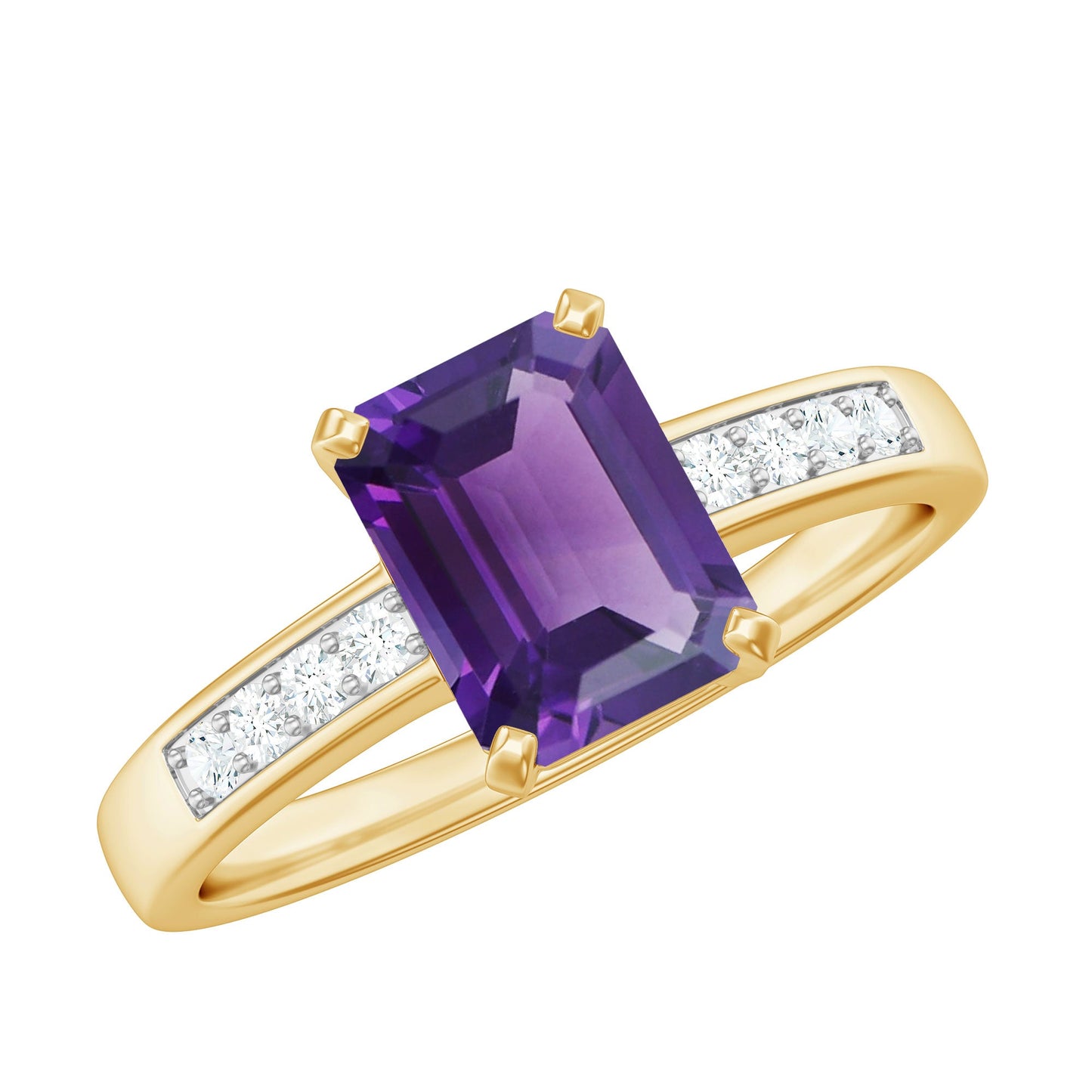 Octagon Cut Amethyst Solitaire Engagement Ring with Diamond Side Stones