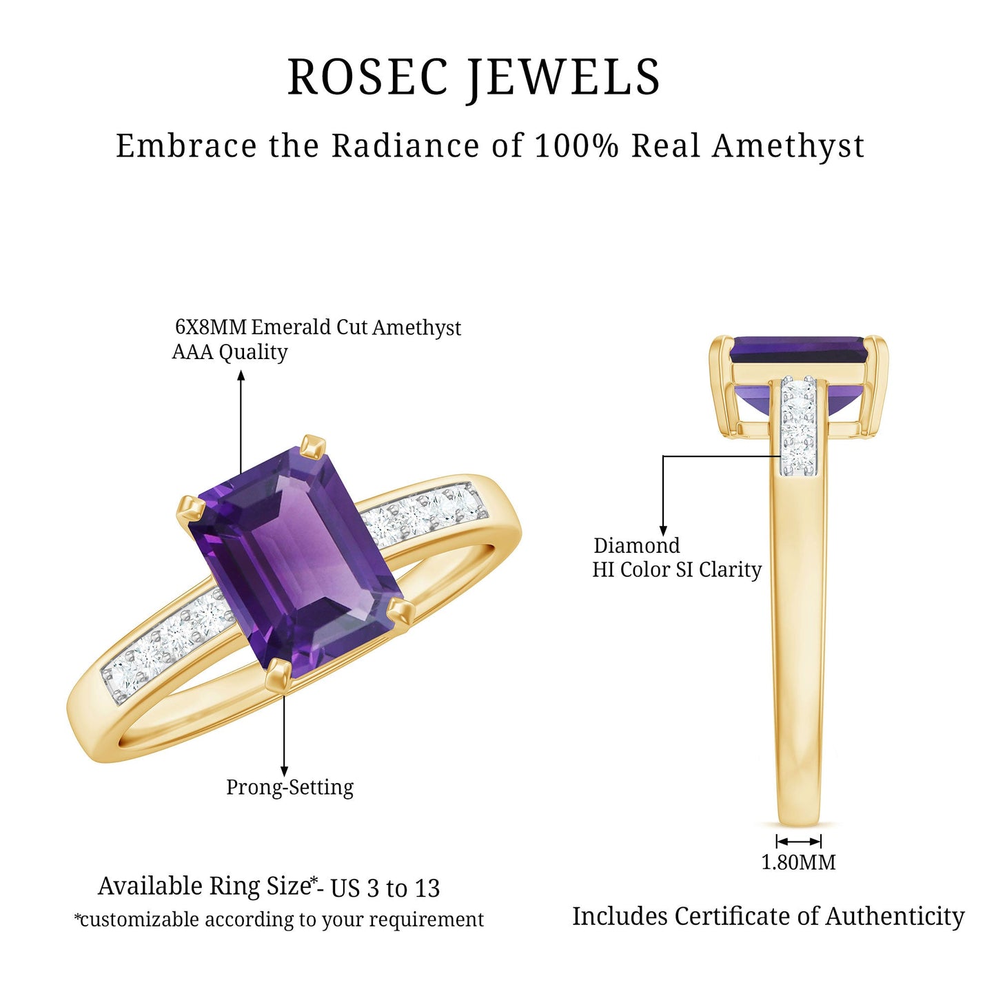 Octagon Cut Amethyst Solitaire Engagement Ring with Diamond Side Stones