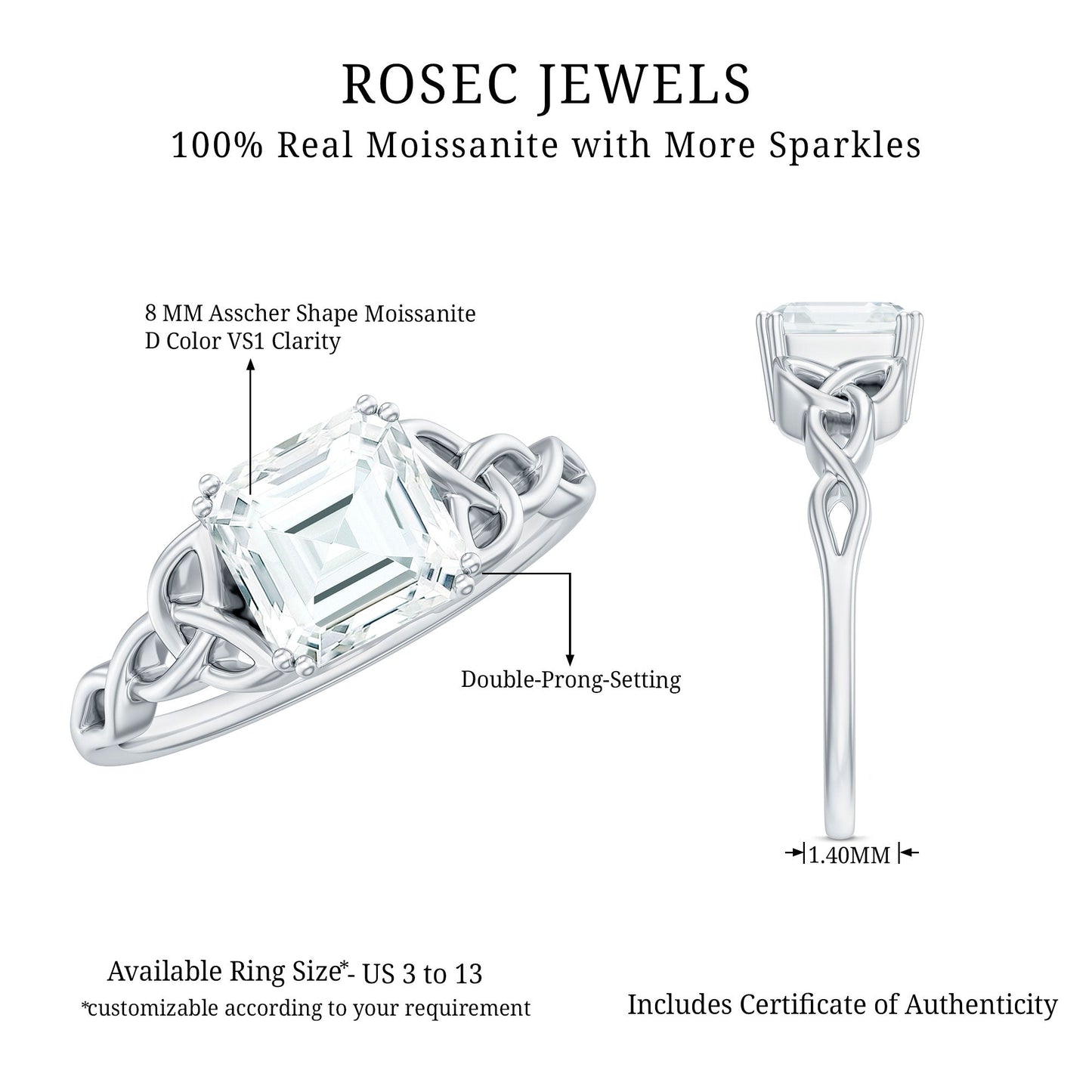 Asscher Cut 8 MM Moissanite Celtic Knot Engagement Ring