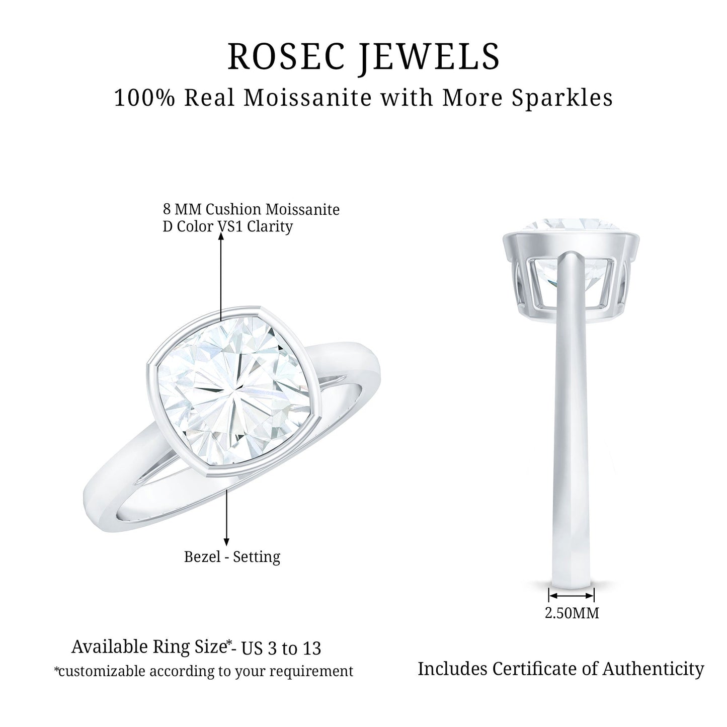 Bezel Set Cushion Cut Moissanite Solitaire Engagement Ring