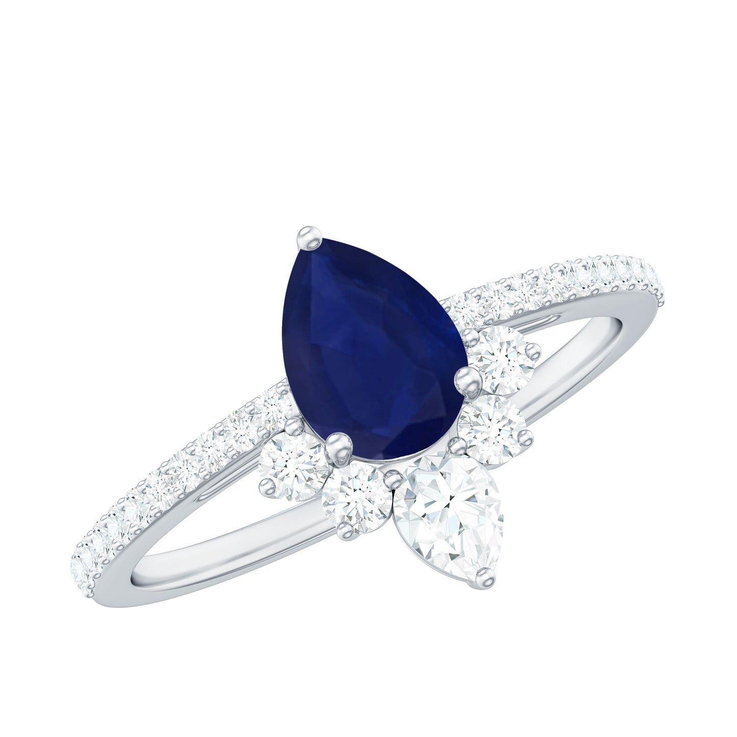 Pear Cut Blue Sapphire Crown Solitaire Ring with Diamond