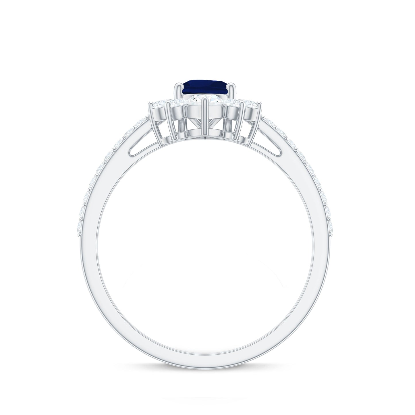Pear Cut Blue Sapphire Crown Solitaire Ring with Diamond