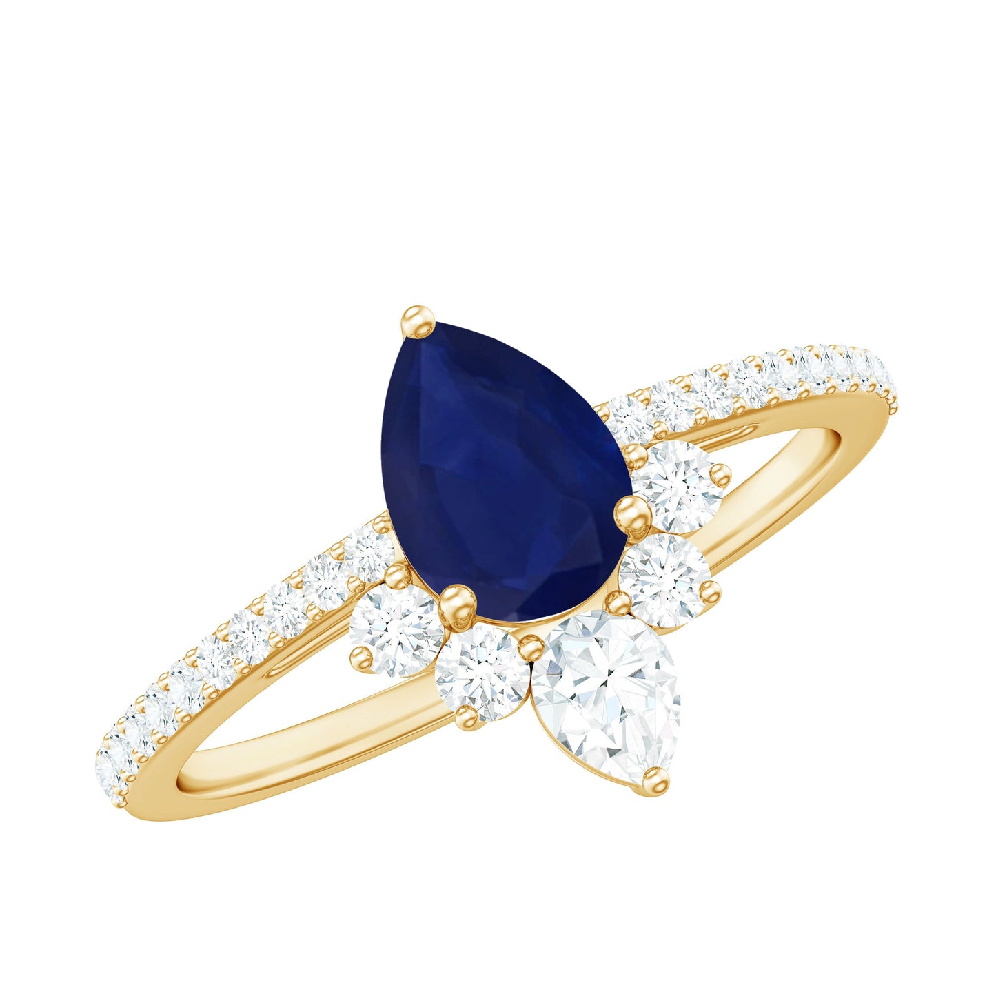 Pear Cut Blue Sapphire Crown Solitaire Ring with Diamond