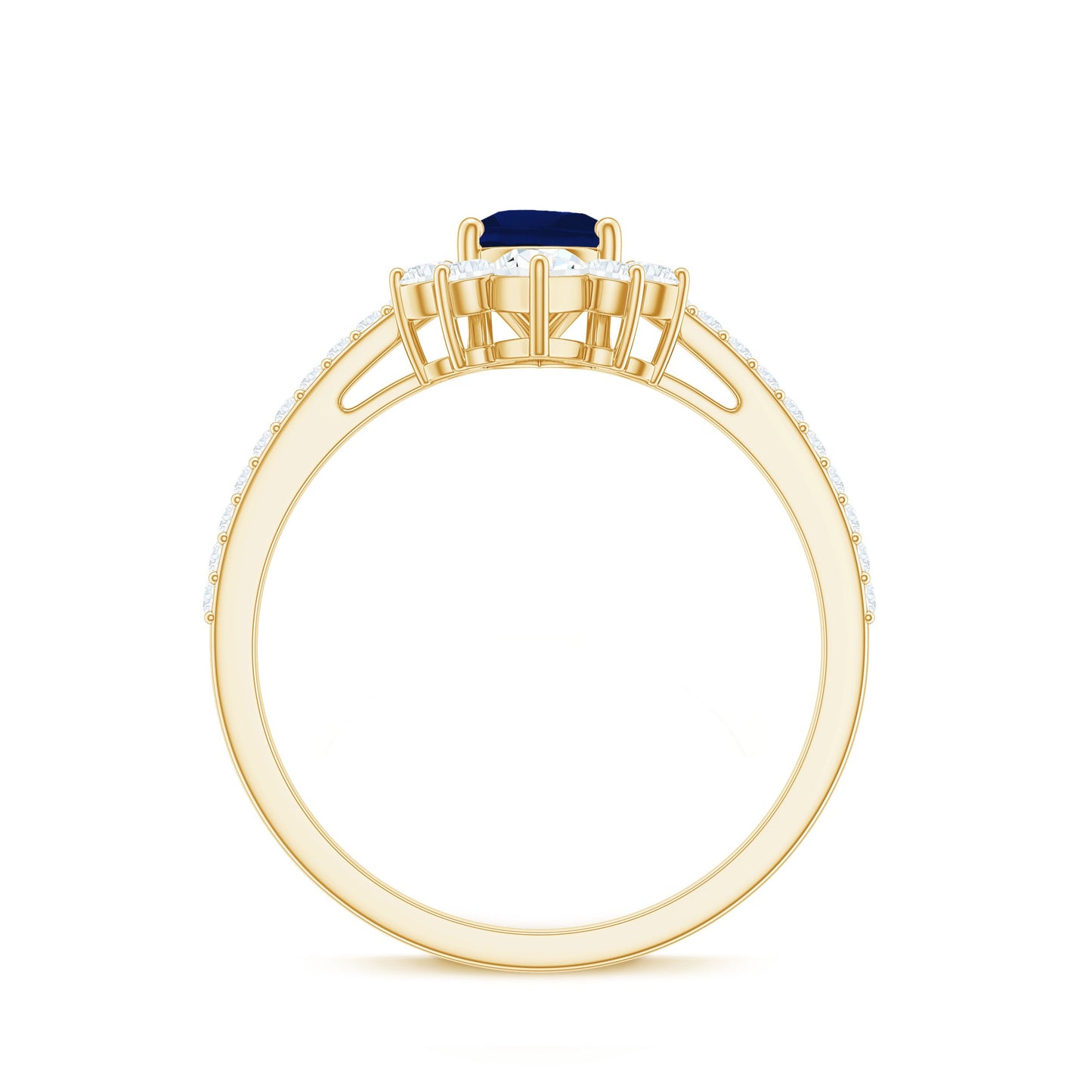 Pear Cut Blue Sapphire Crown Solitaire Ring with Diamond