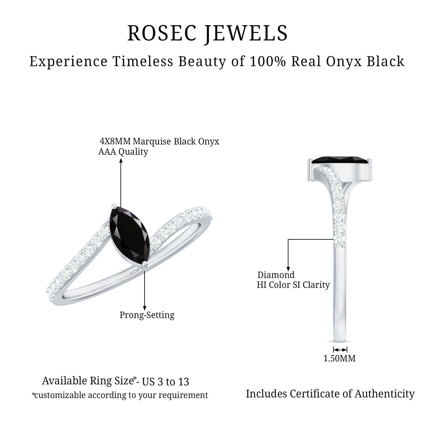 4X8mm Marquise Cut Black Onyx Promise Ring with Diamond Bypass Shank