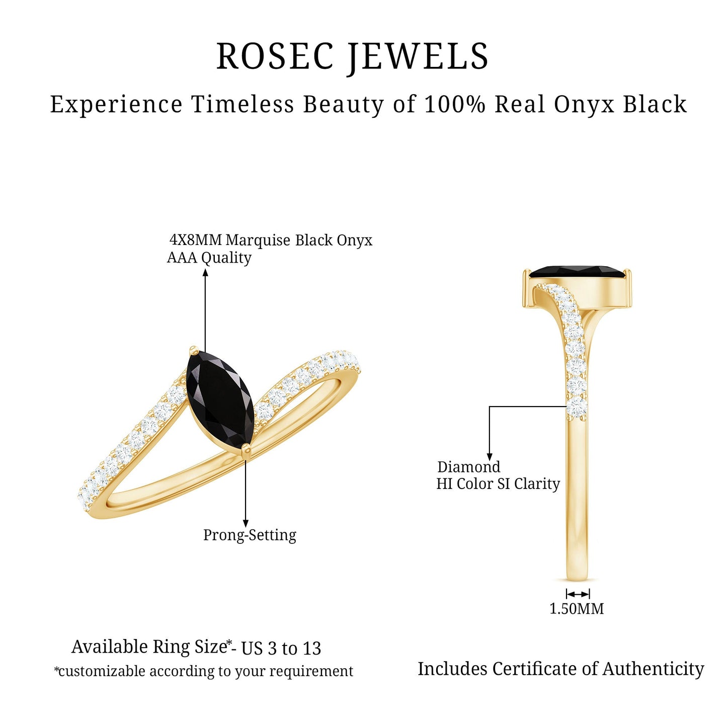 4X8mm Marquise Cut Black Onyx Promise Ring with Diamond Bypass Shank