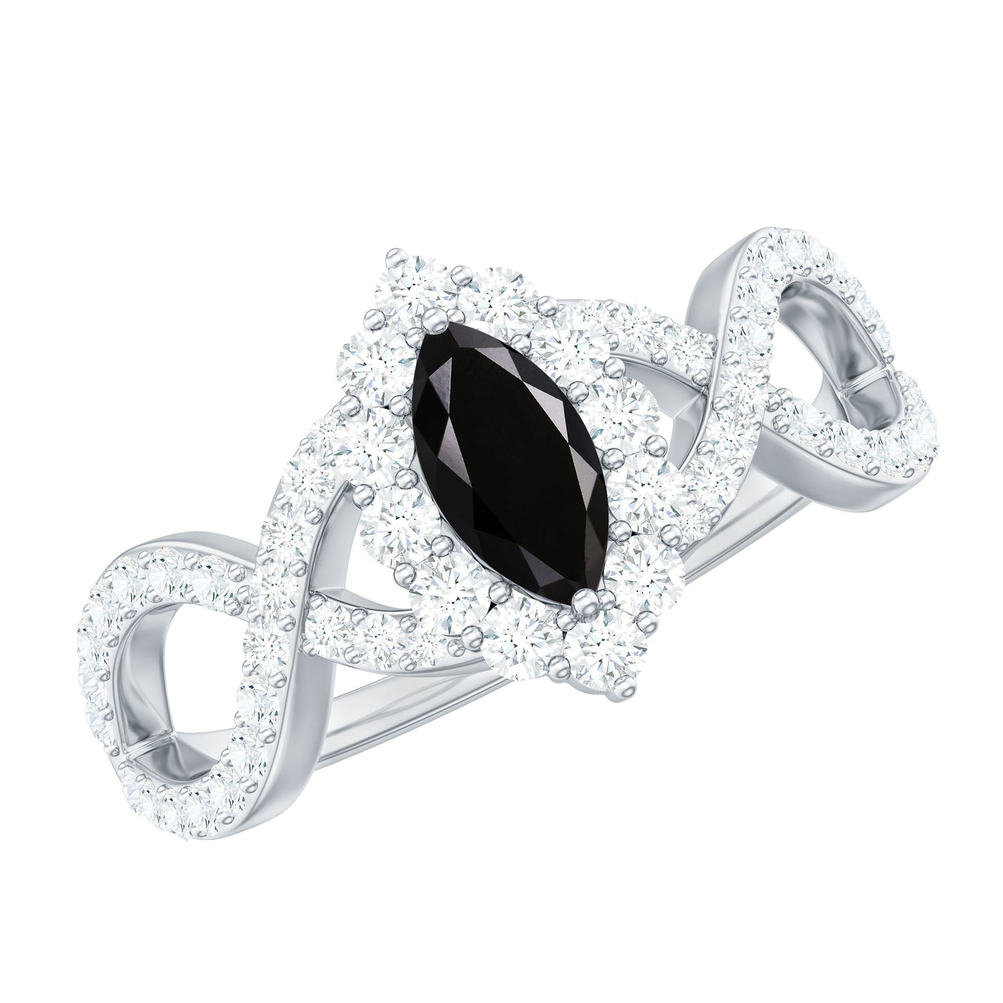 Natural Marquise Black Spinel Engagement Ring with Diamond Crossover Shank