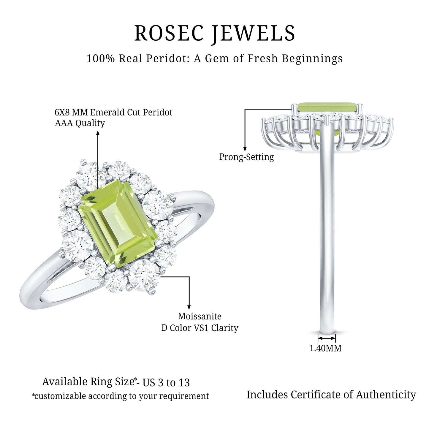 Natural 1.8 Carat Peridot Emerald Cut Engagement Ring with Halo
