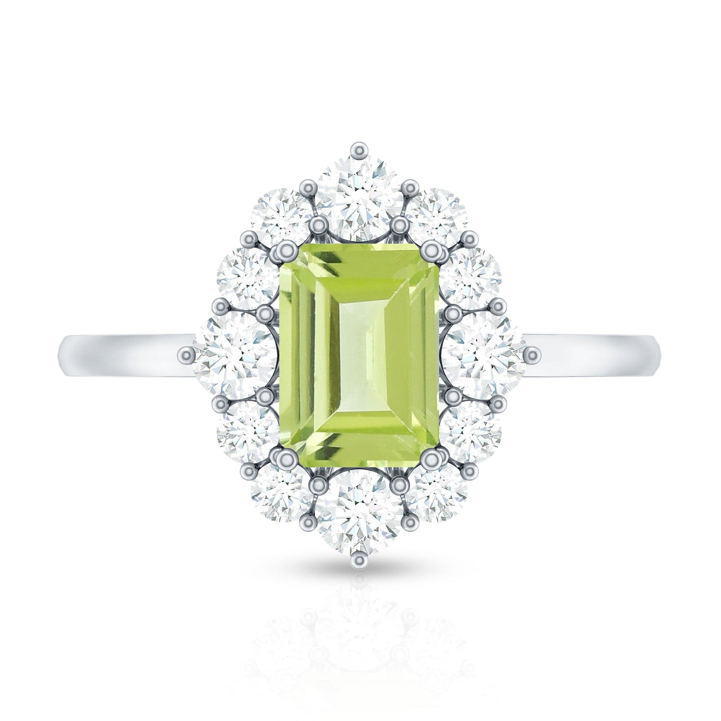 Natural 1.8 Carat Peridot Emerald Cut Engagement Ring with Halo