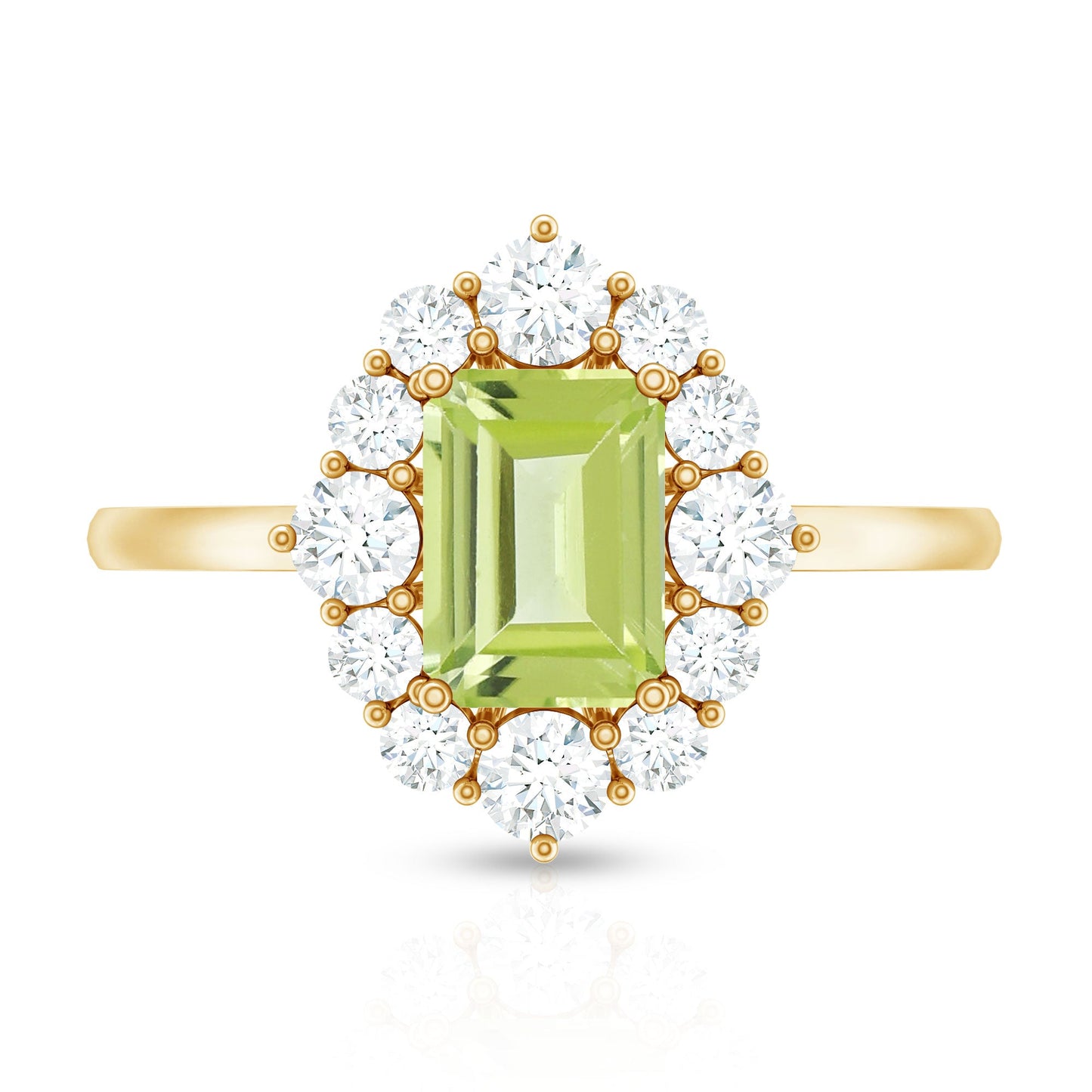 Natural 1.8 Carat Peridot Emerald Cut Engagement Ring with Halo