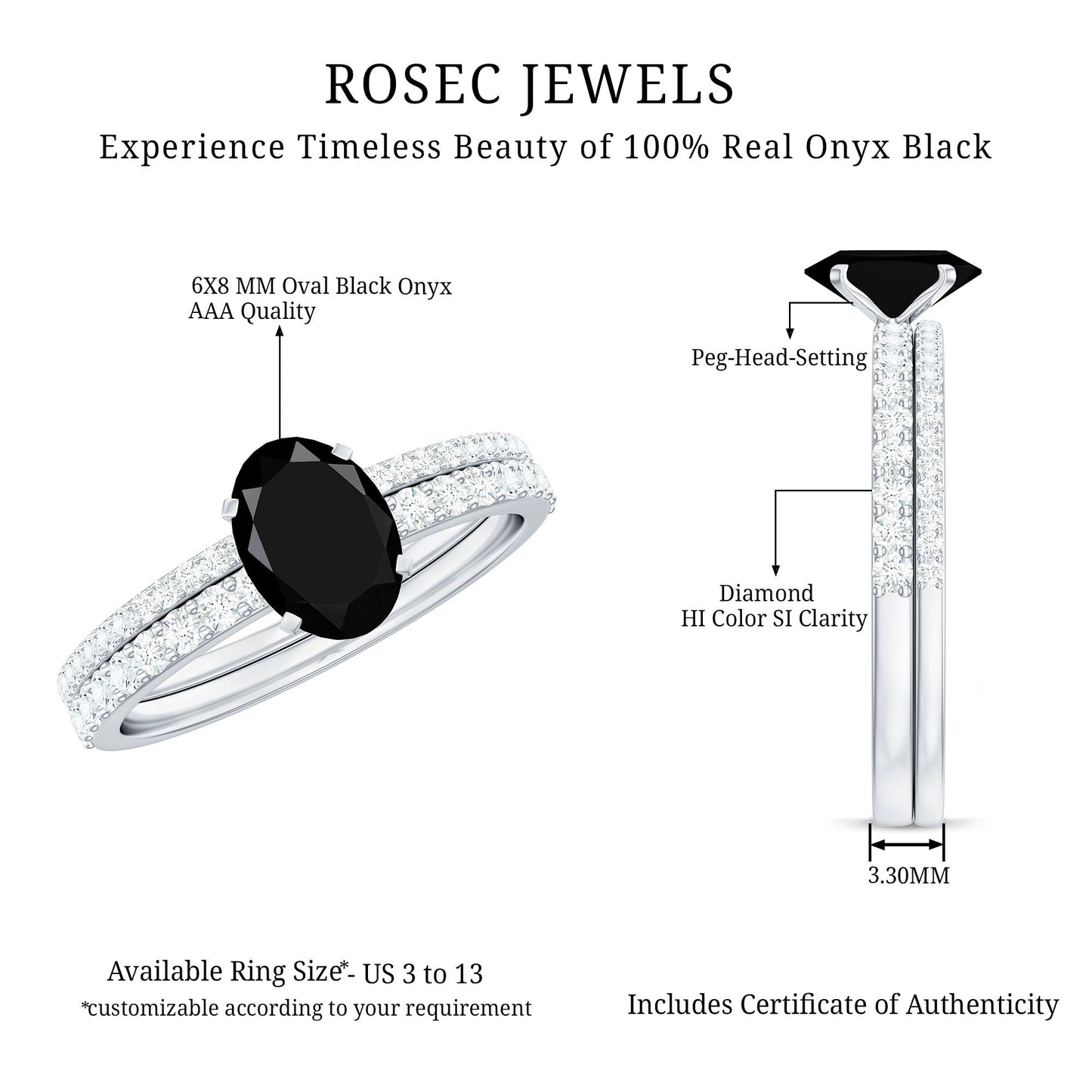 6X8mm Oval Cut Black Onyx Solitaire Rings Set with Diamond Wedding Band
