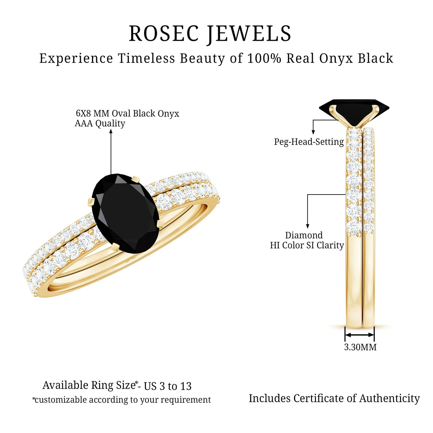 6X8mm Oval Cut Black Onyx Solitaire Rings Set with Diamond Wedding Band
