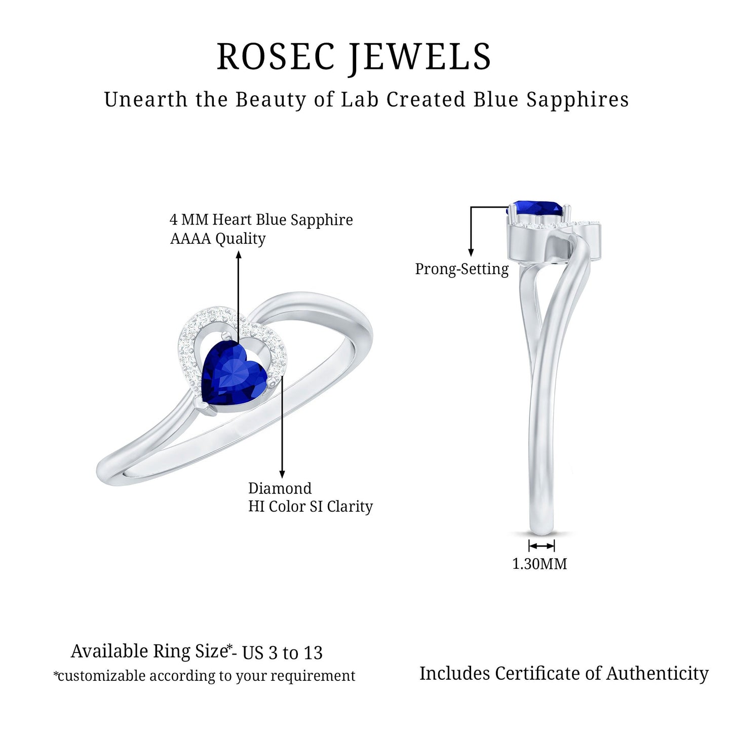 Certified Lab Grown Blue Sapphire Heart Promise Ring with Diamond