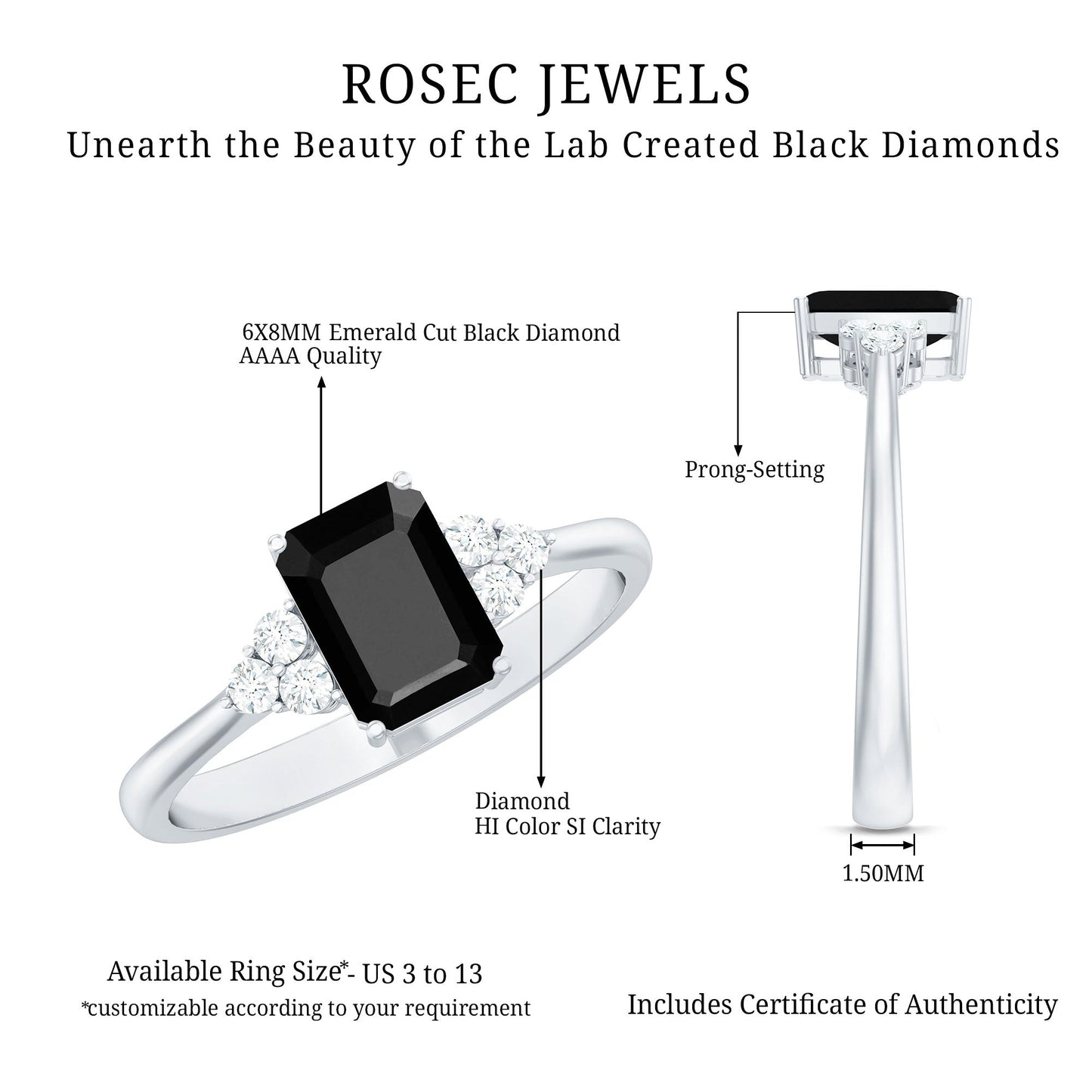 Octagon Created Black Diamond Solitaire Engagement Ring with Diamond Trio