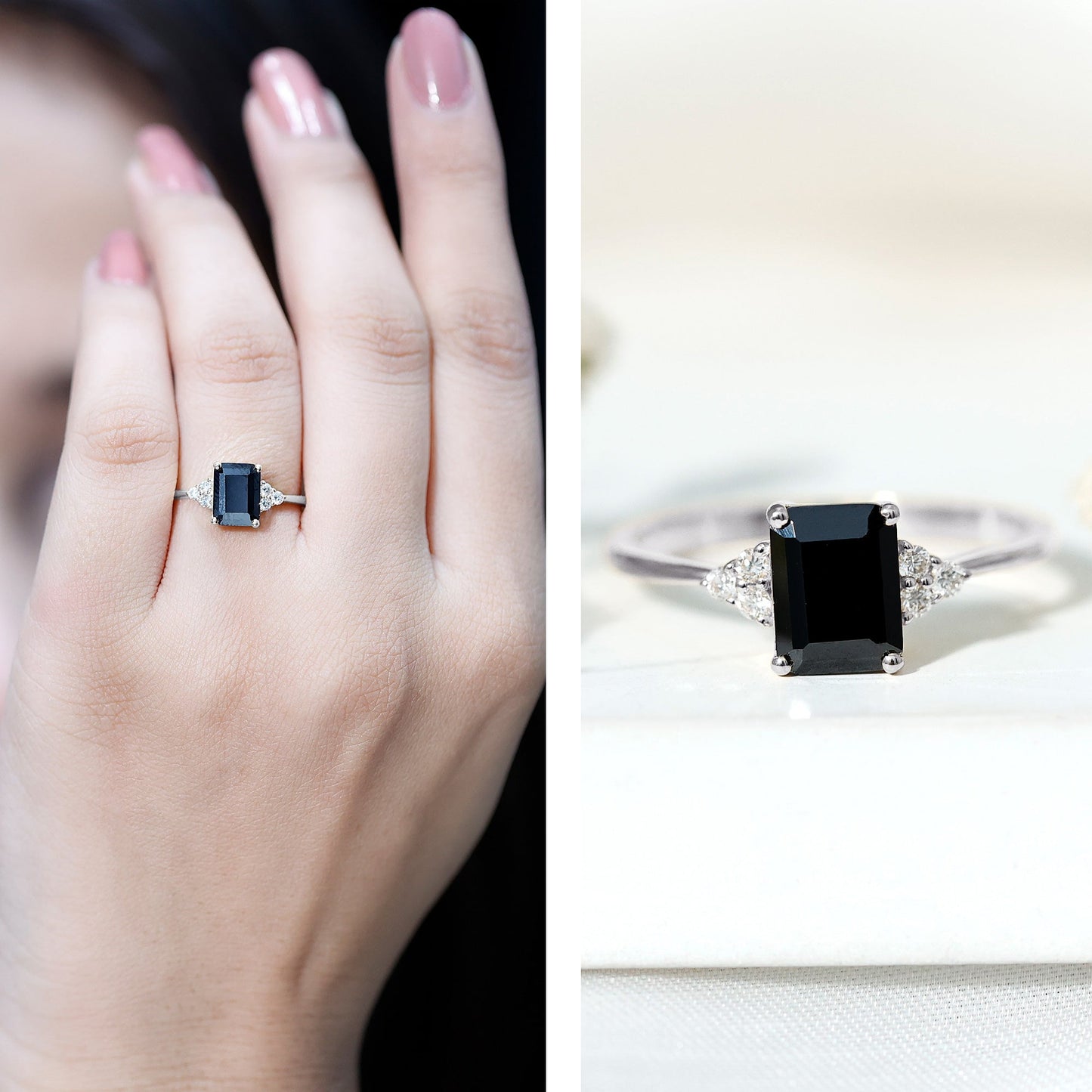 Octagon Created Black Diamond Solitaire Engagement Ring with Diamond Trio