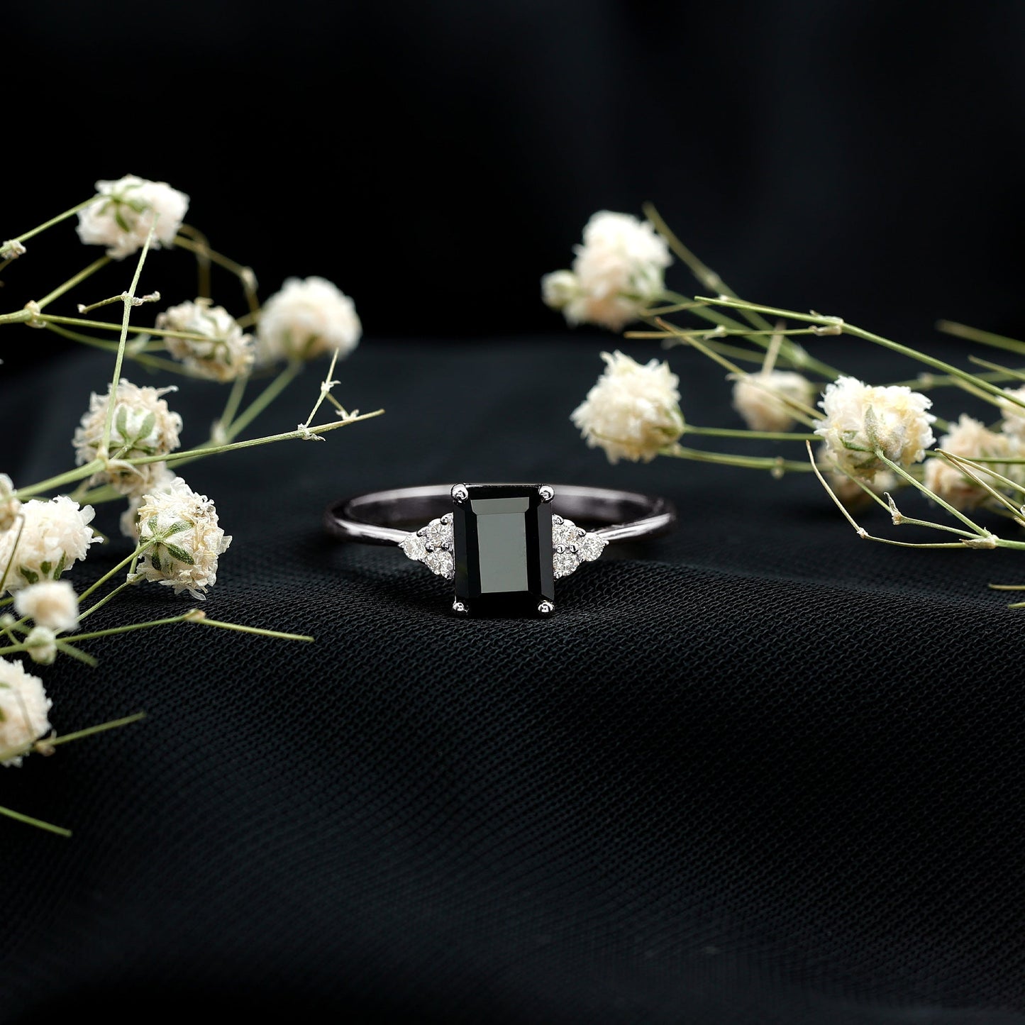 Octagon Created Black Diamond Solitaire Engagement Ring with Diamond Trio
