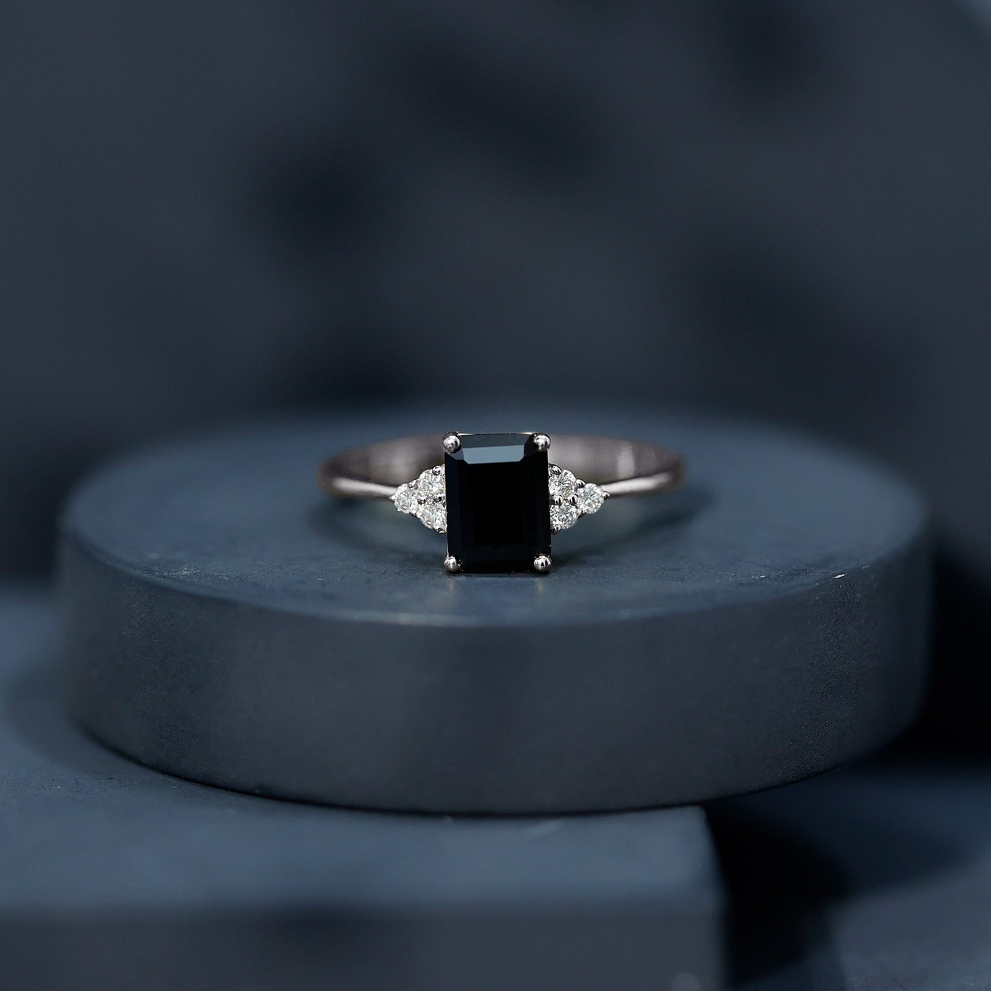 Octagon Created Black Diamond Solitaire Engagement Ring with Diamond Trio