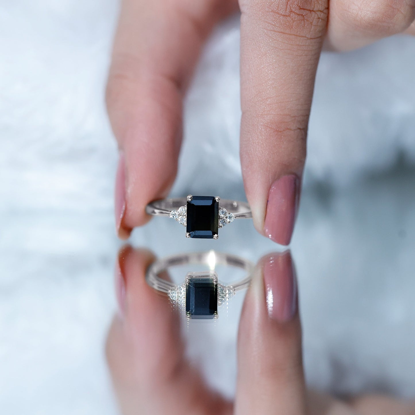 Octagon Created Black Diamond Solitaire Engagement Ring with Diamond Trio