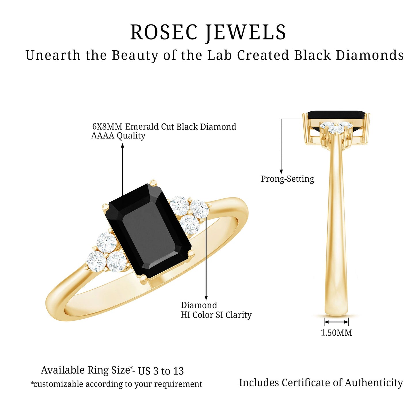 Octagon Created Black Diamond Solitaire Engagement Ring with Diamond Trio