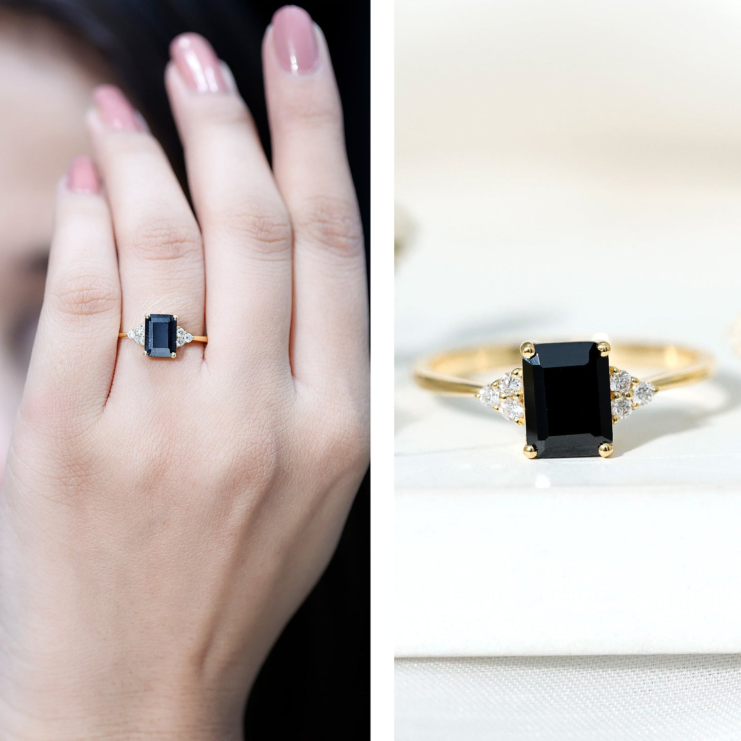 Octagon Created Black Diamond Solitaire Engagement Ring with Diamond Trio