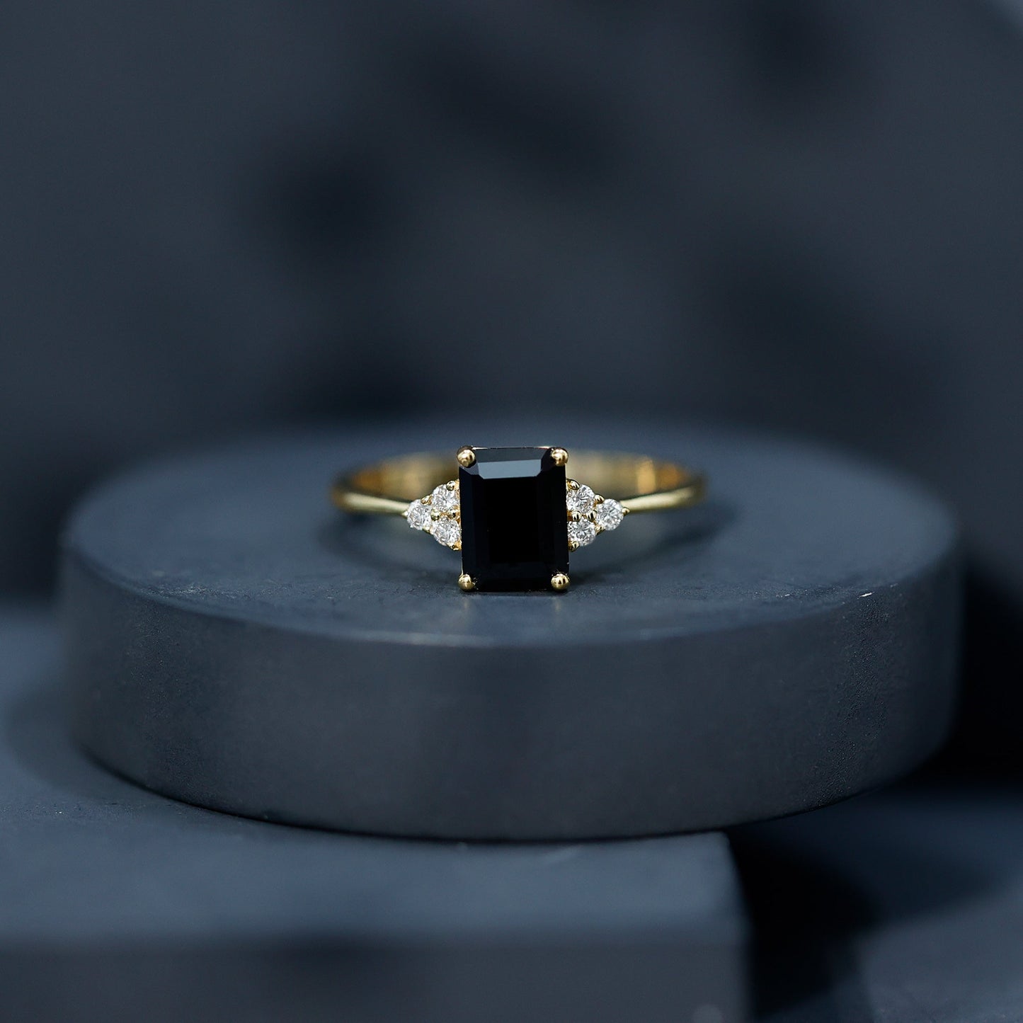 Octagon Created Black Diamond Solitaire Engagement Ring with Diamond Trio