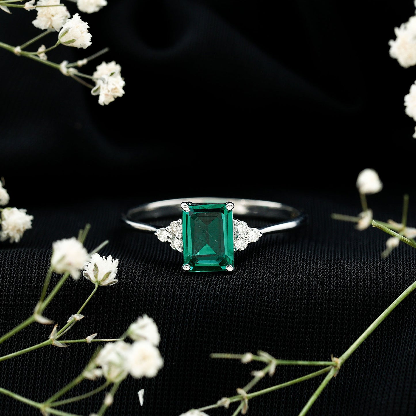 Certified 6X8 mm Lab Grown Emerald Cut Emerald Engagement Ring with Diamond Trio
