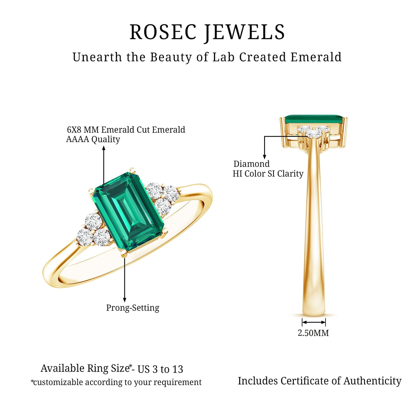Certified 6X8 mm Lab Grown Emerald Cut Emerald Engagement Ring with Diamond Trio