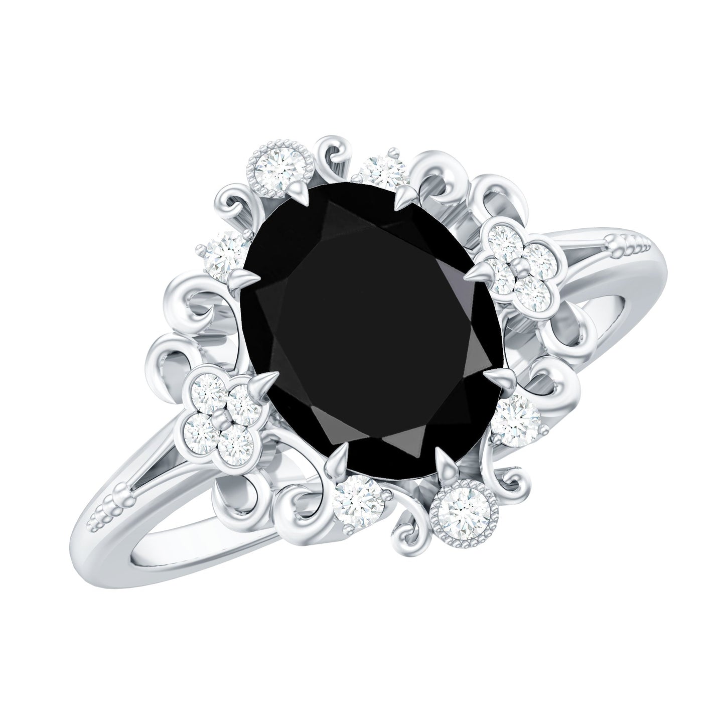 7X9mm Oval Cut Vintage Inspired Black Onyx Statement Ring with Diamond