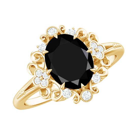 7X9mm Oval Cut Vintage Inspired Black Onyx Statement Ring with Diamond