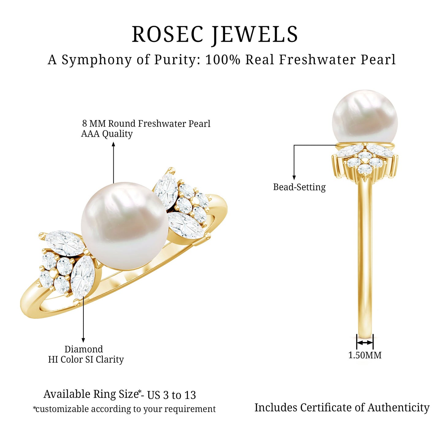 Nature Inspired Freshwater Pearl Solitaire Ring with Diamond