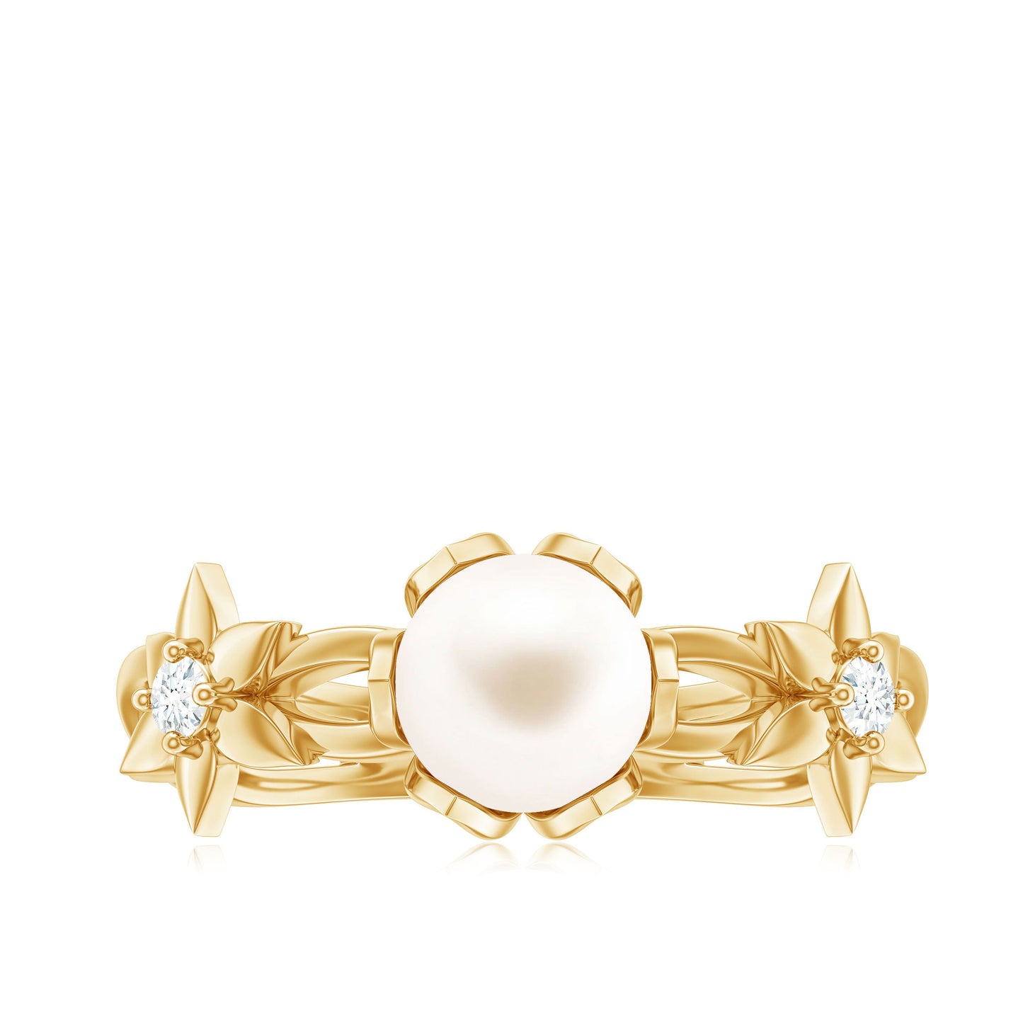 Natural Freshwater Pearl Solitaire Flower Band Ring with Diamond