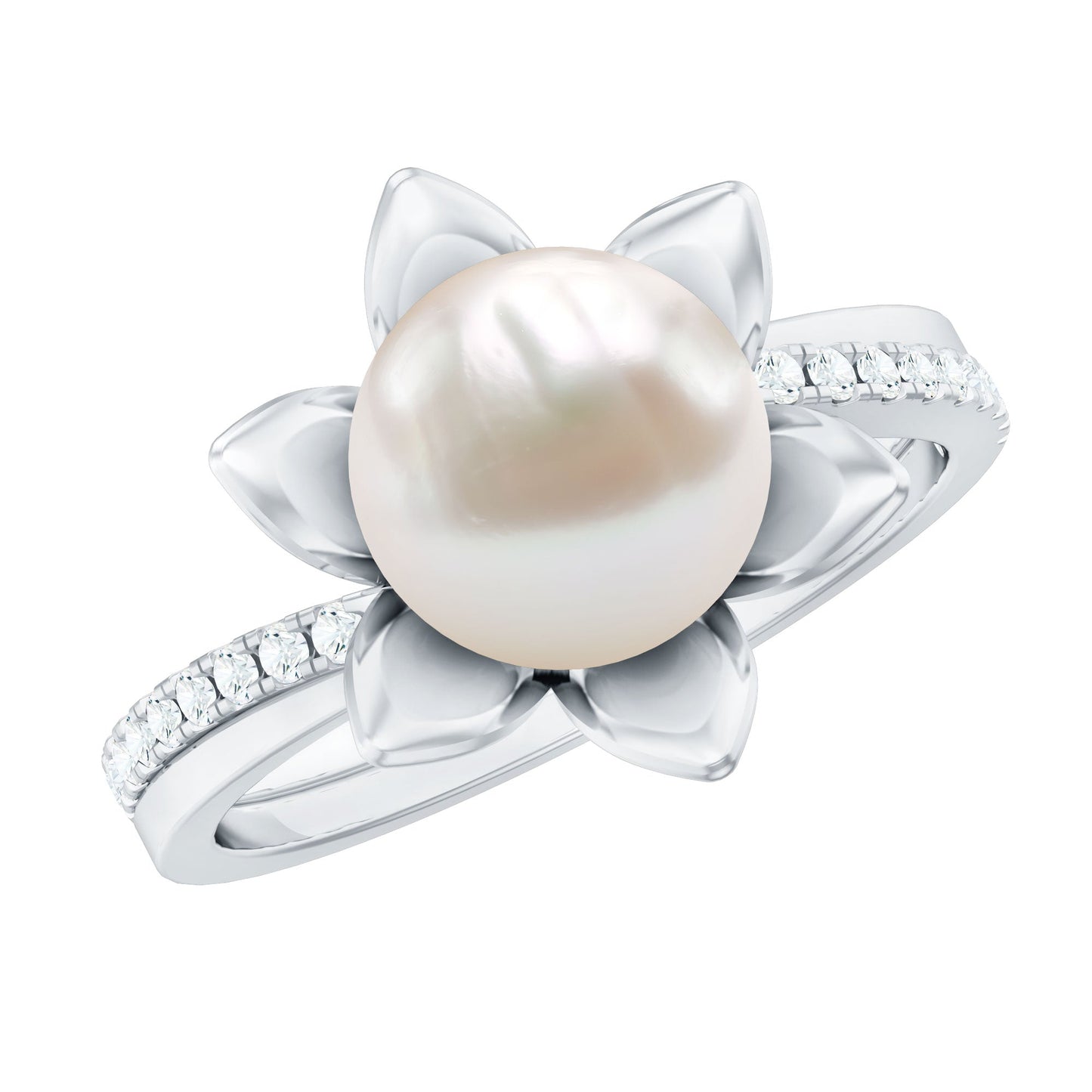 Freshwater Pearl and Diamond Flower Ring in Bypass Shank