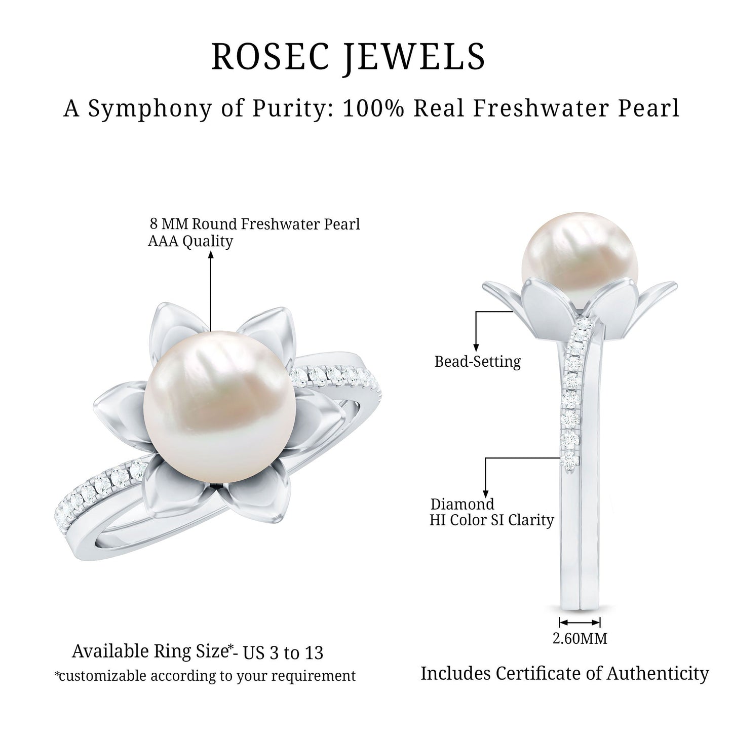 Freshwater Pearl and Diamond Flower Ring in Bypass Shank