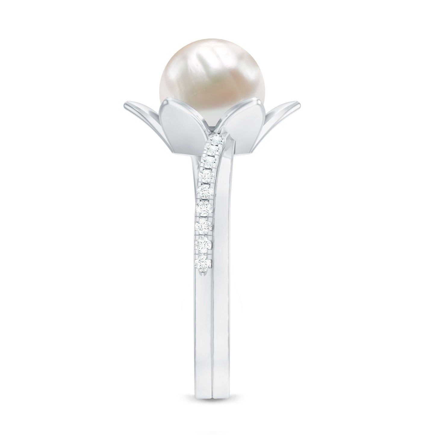 Freshwater Pearl and Diamond Flower Ring in Bypass Shank