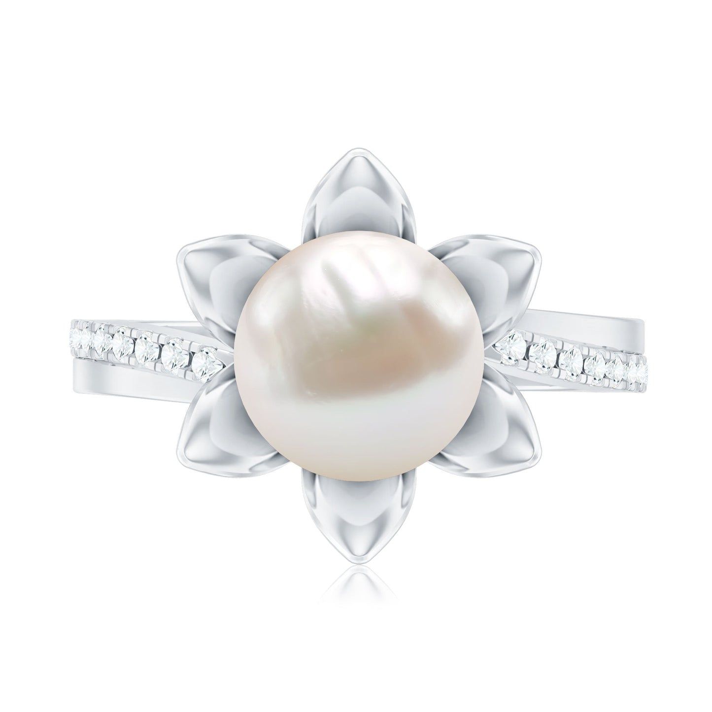 Freshwater Pearl and Diamond Flower Ring in Bypass Shank