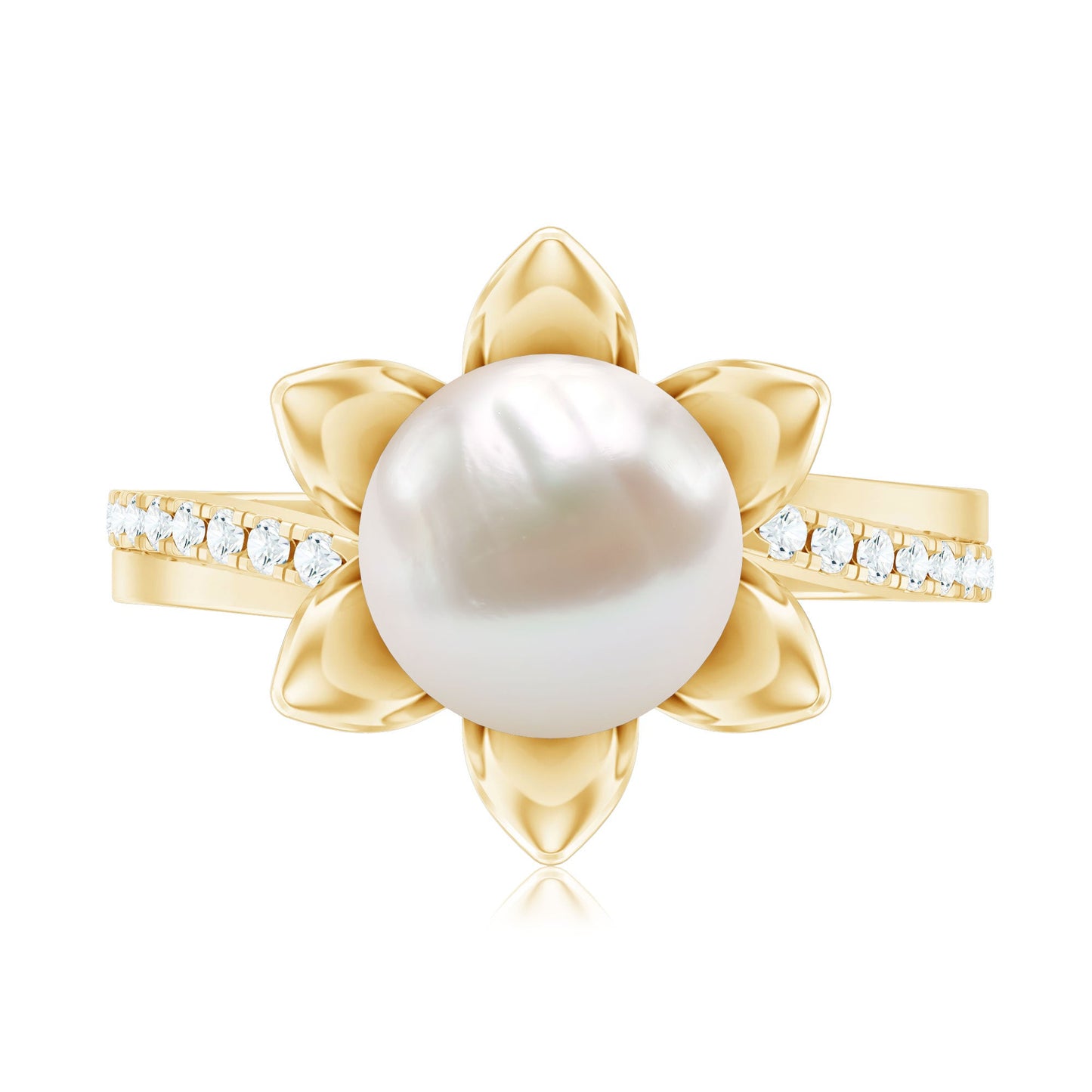 Freshwater Pearl and Diamond Flower Ring in Bypass Shank