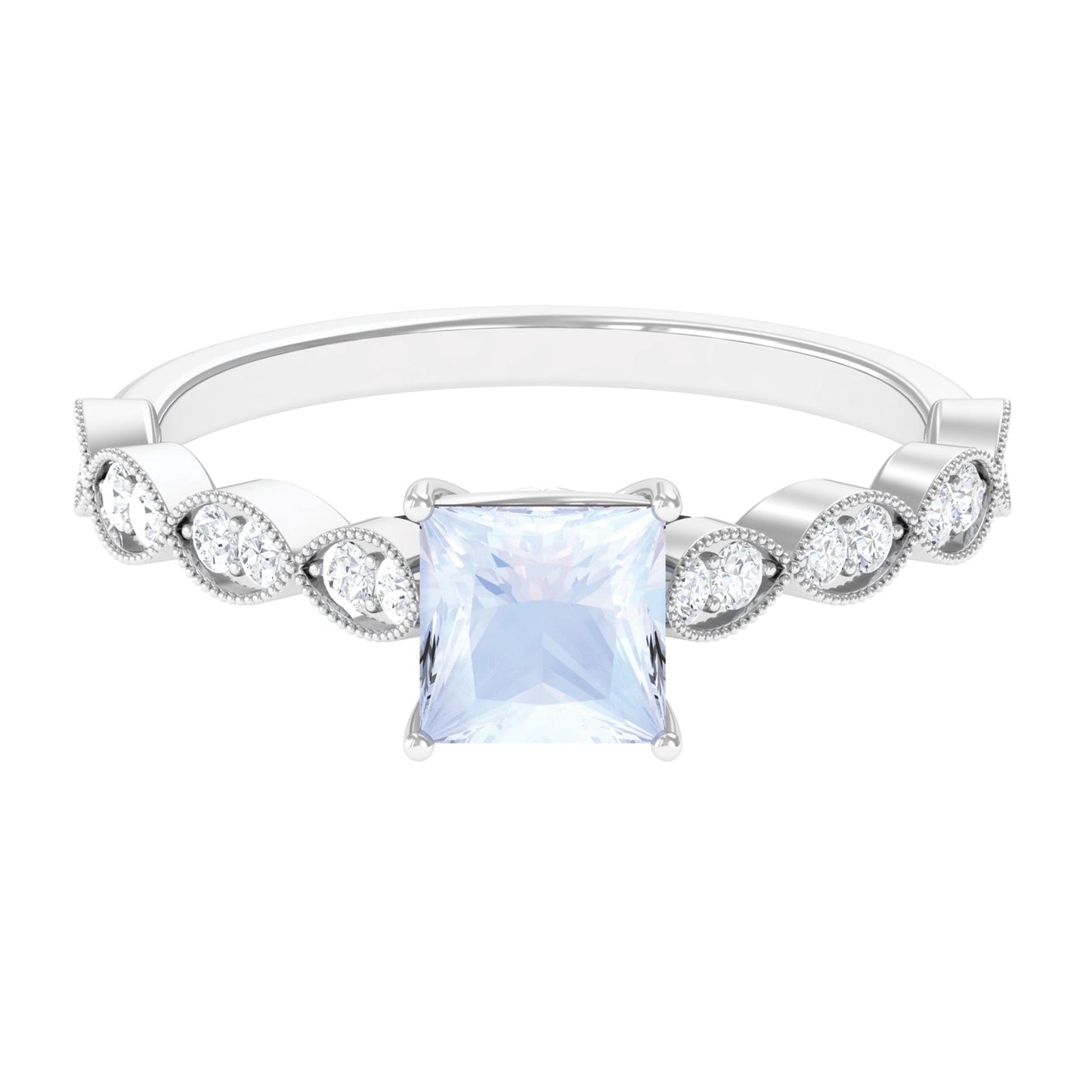 1 CT Princess Cut Moonstone Solitaire Ring with Diamond Side Stones