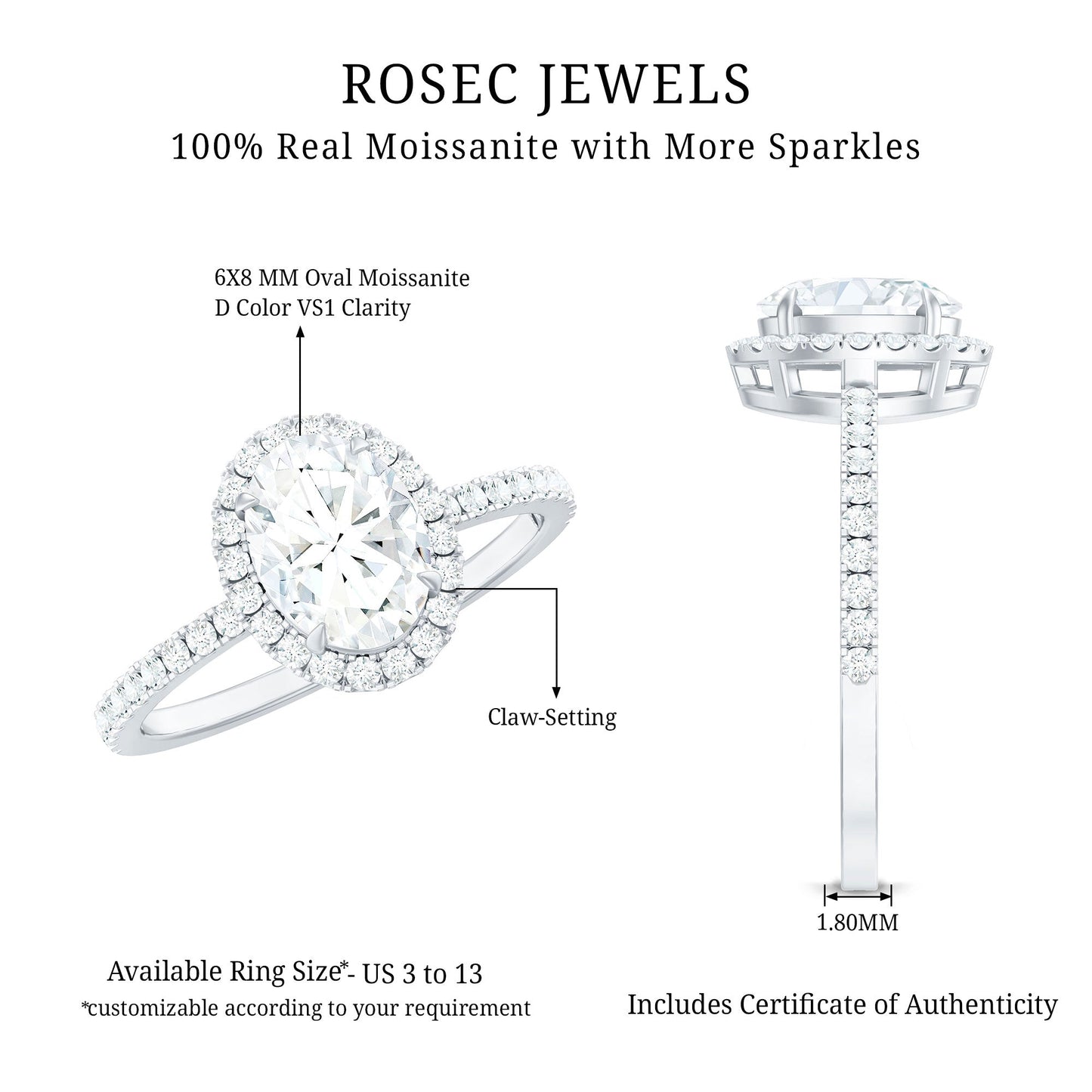 Brilliant Cut Moissanite Oblong Engagement Ring With Certificate